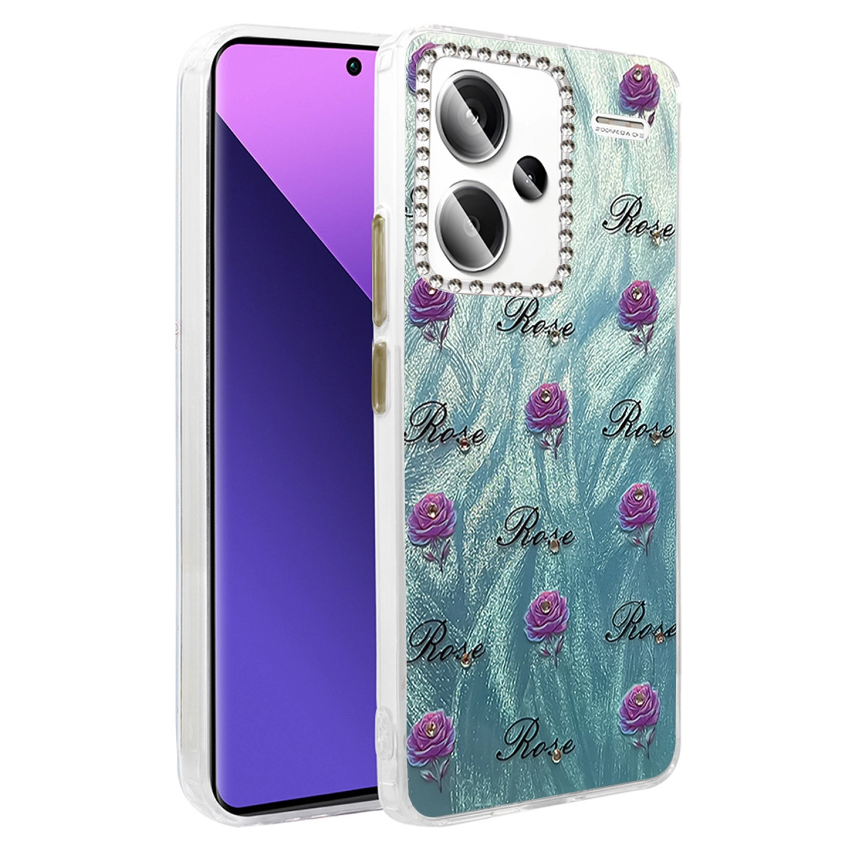 Rosas desenli ve taş süslemeli şeffaf telefon kılıfı.