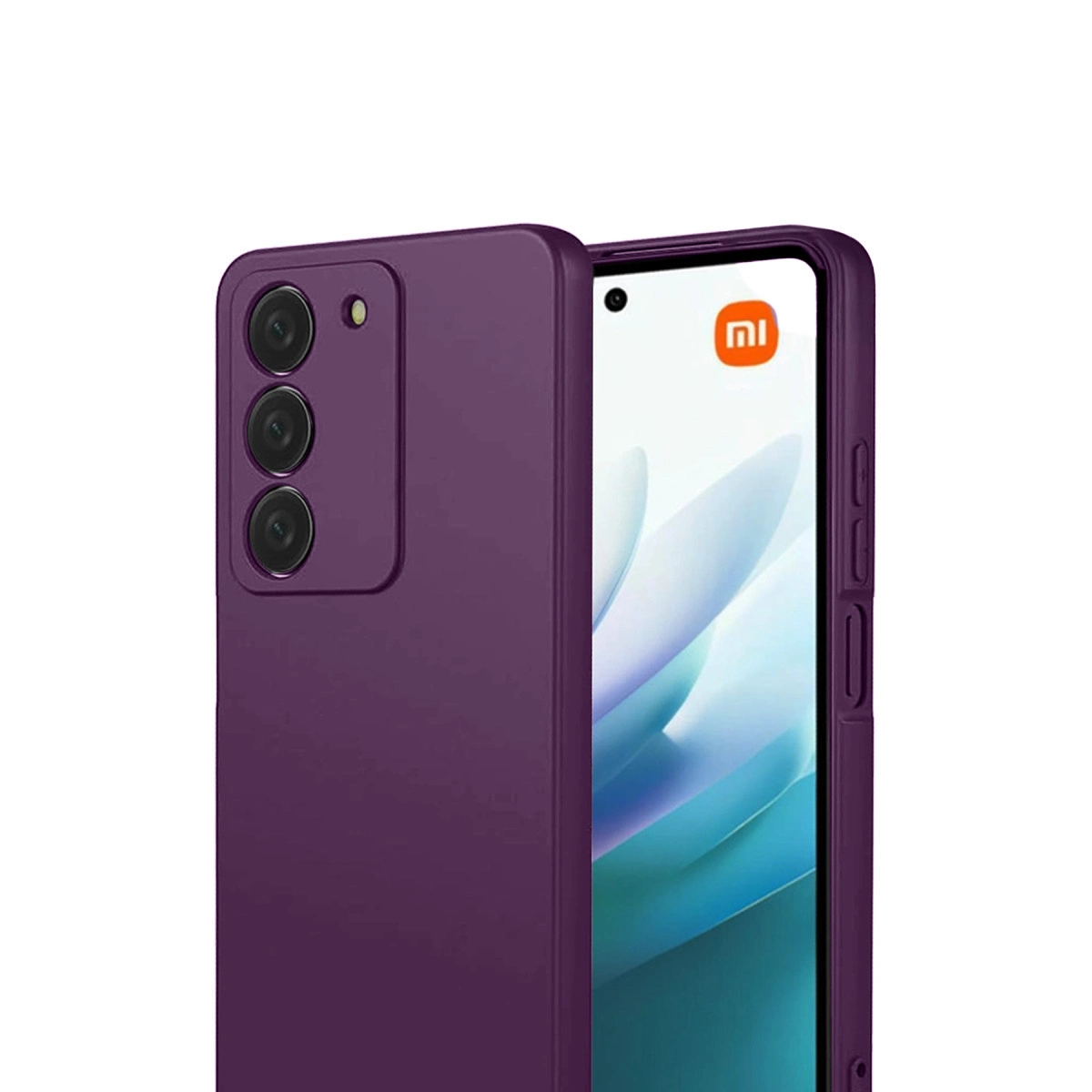 Üç kameralı mor telefon kılıfı. Telefonda Mi logosu görünüyor.