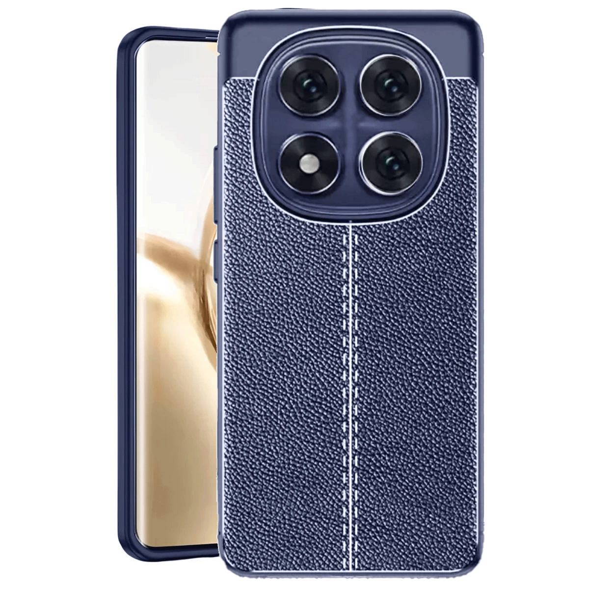 Dört kameralı, deri dokulu lacivert telefon kılıfı.