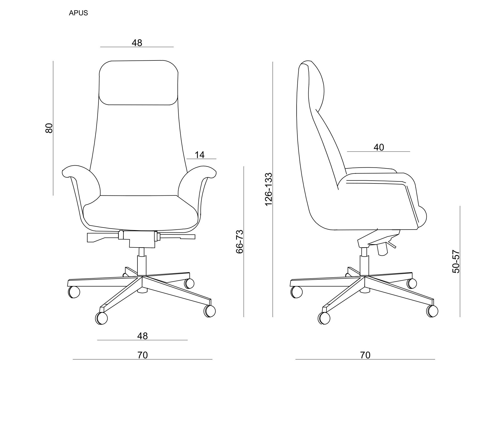 Rysunek techniczny krzesła biurowego z wymiarami.