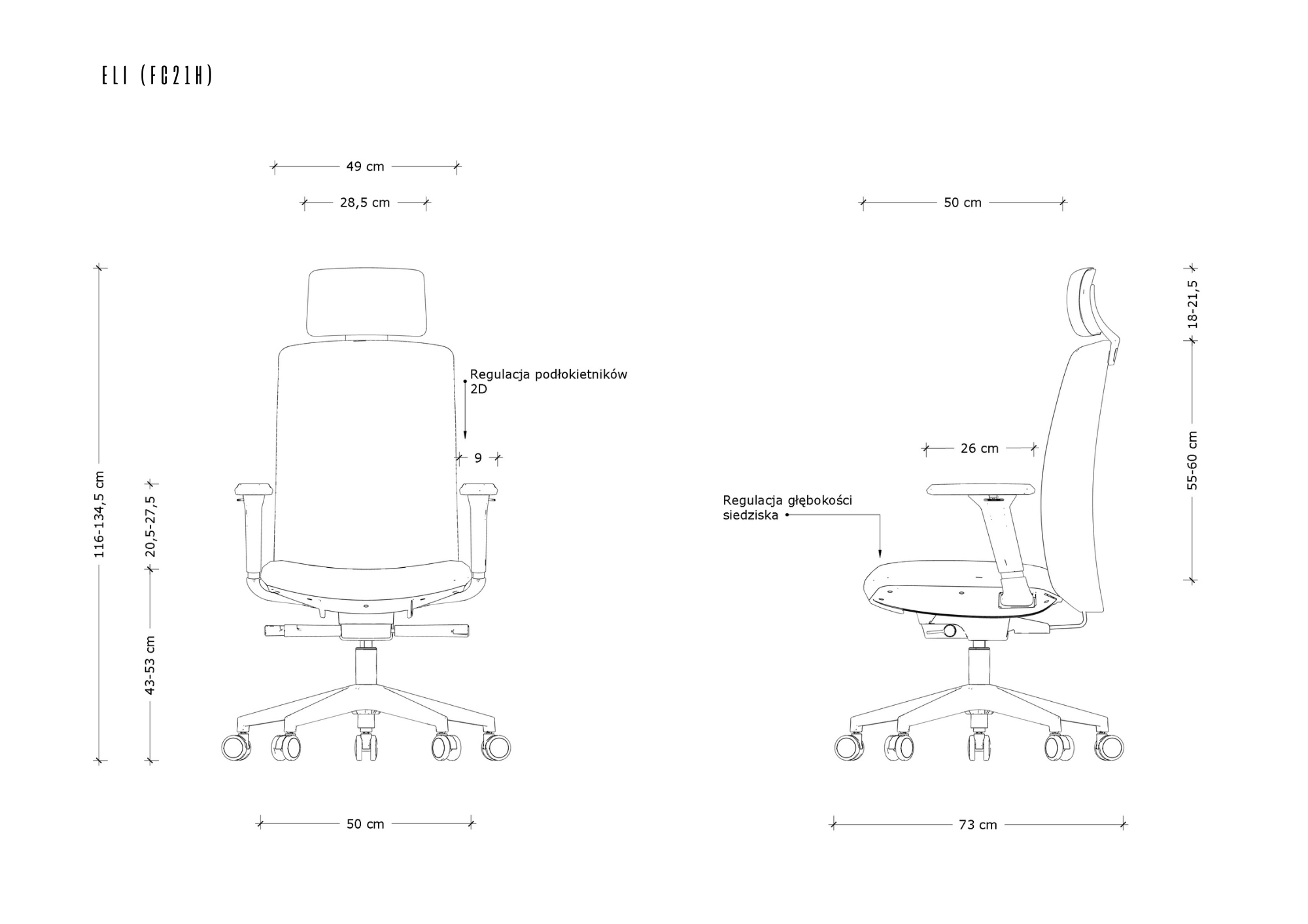 Rysunek techniczny krzesła biurowego z wymiarami wysokości, szerokości i głębokości.