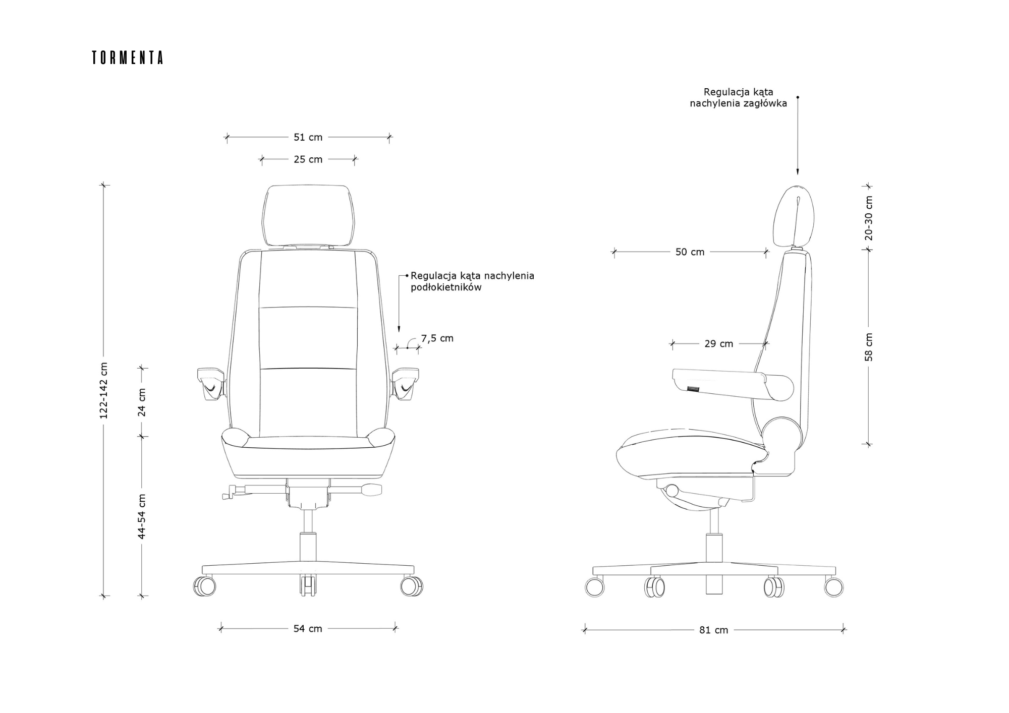 Rysunek techniczny krzesła biurowego z wymiarami i opcjami regulacji.