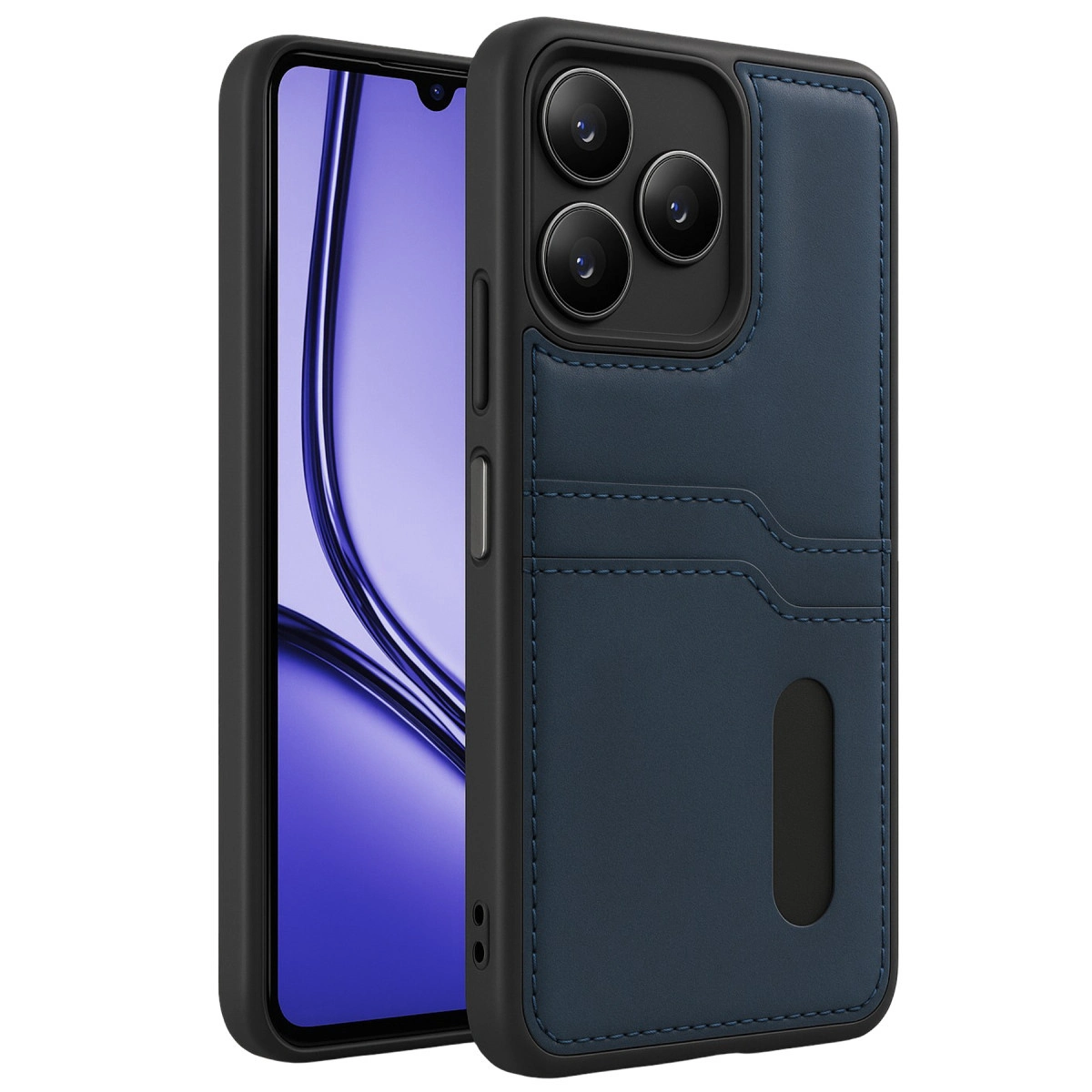 Kart yuvalı ve üç kamera lensli lacivert telefon kılıfı.