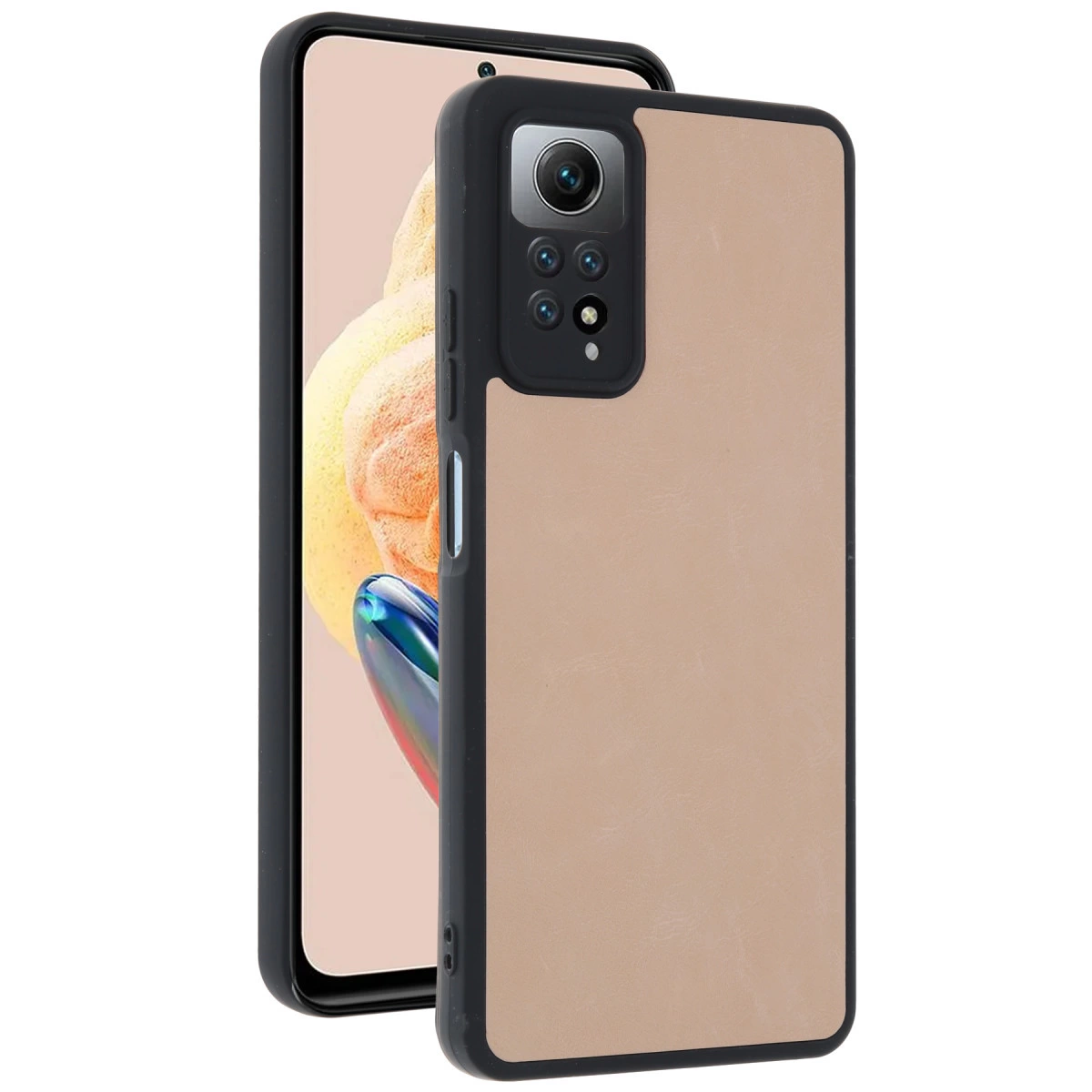 Arkada kamera dizilimi olan, siyah çerçeveli açık kahverengi bir telefon.
