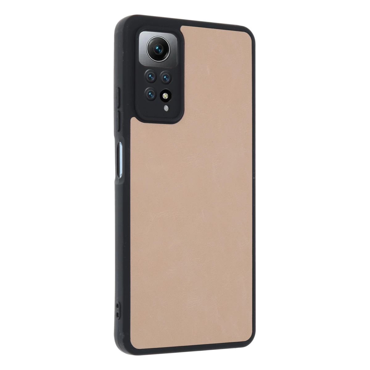 Açık kahverengi arka ve kamera modülüne sahip siyah telefon kılıfı.
