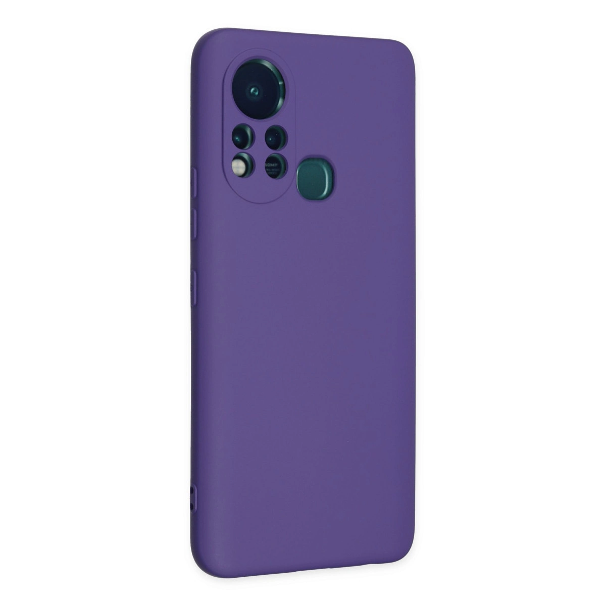 Kamera modülü ve parmak izi sensörlü mor telefon kılıfı.