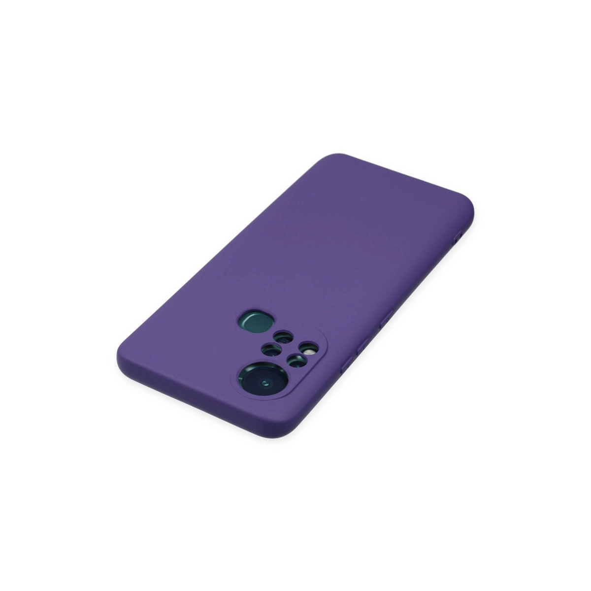 Beyaz arka plan üzerinde kamera kesikleri olan mor telefon kılıfı.