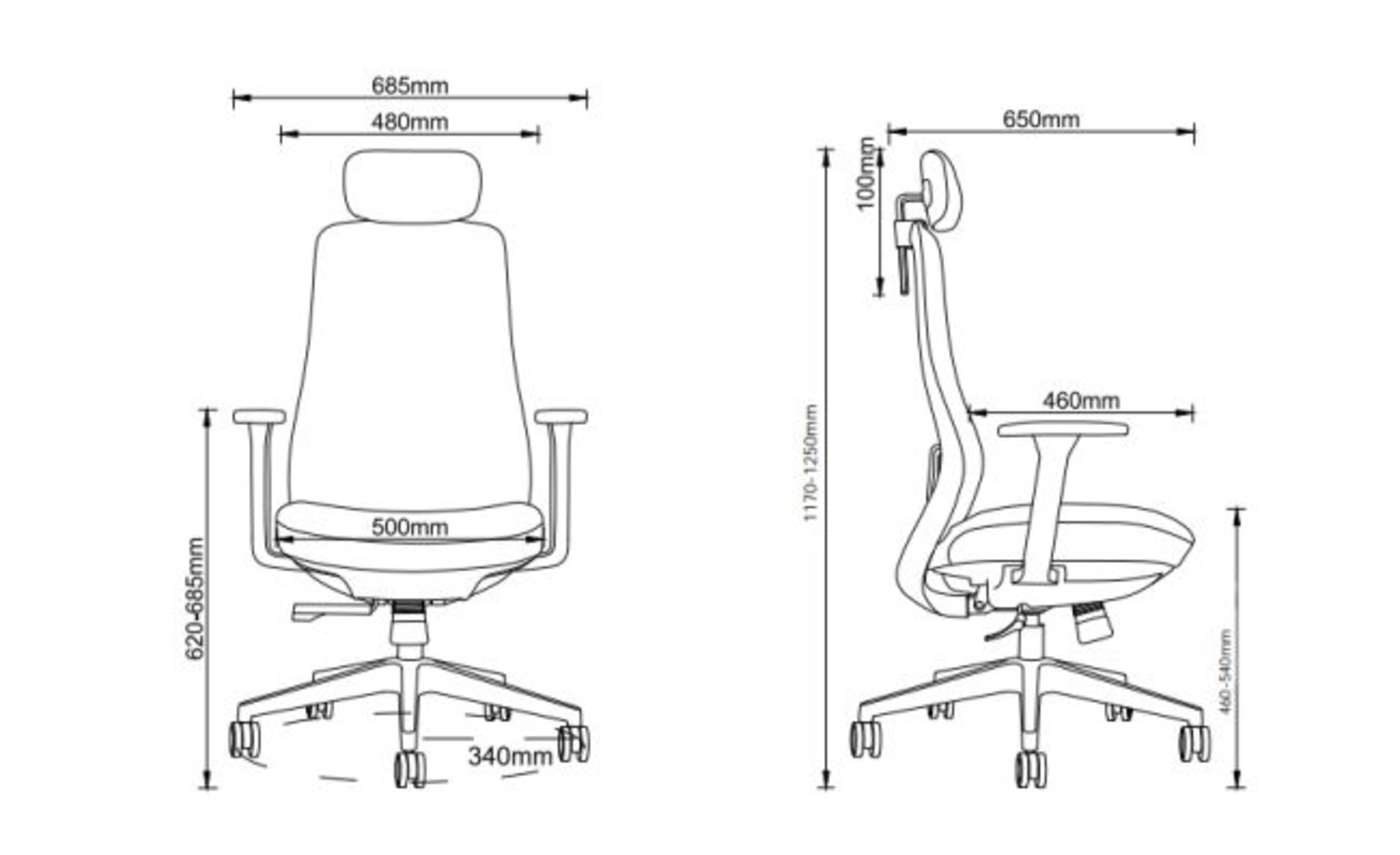 Schematyczny rysunek krzesła biurowego z wymiarami w mm.
