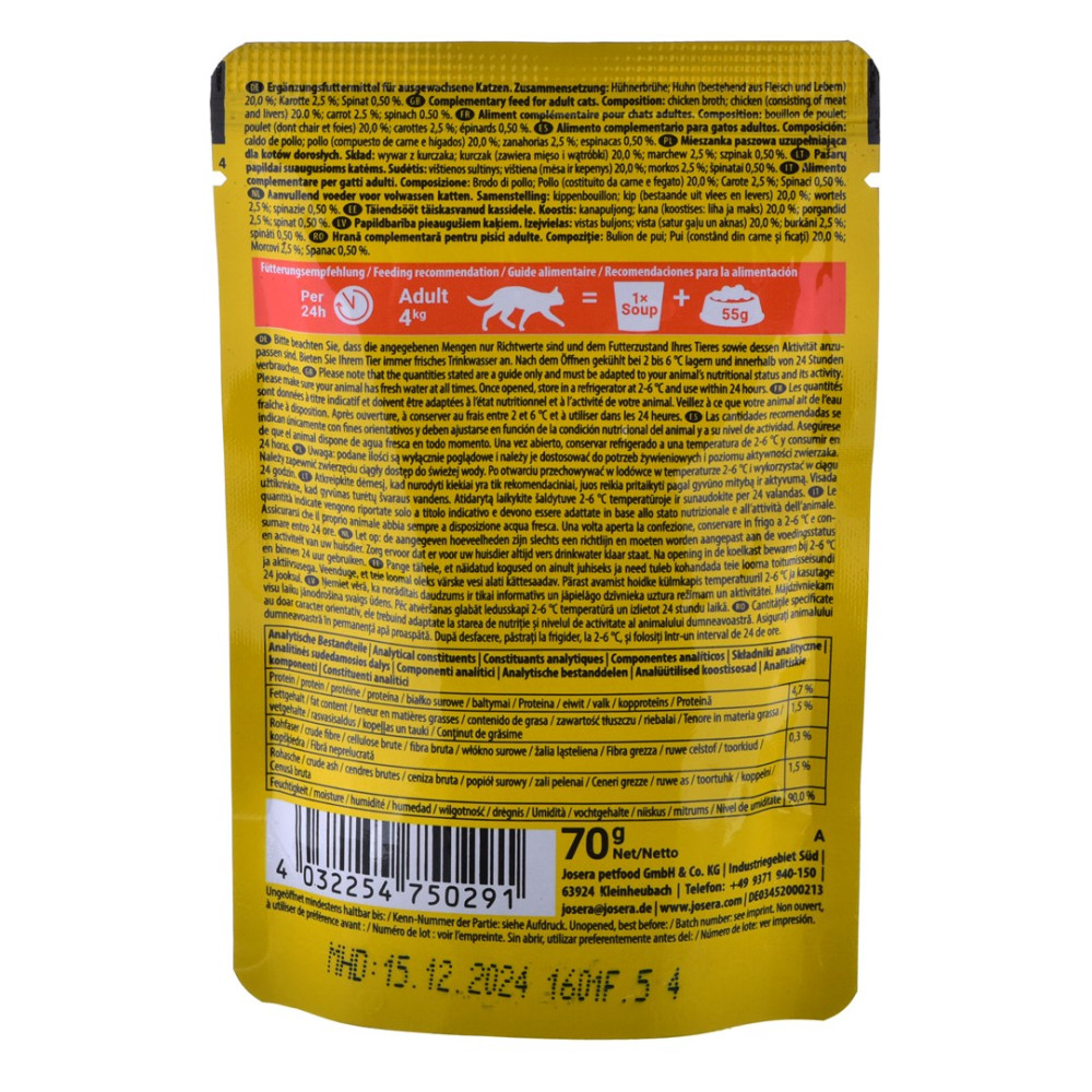 Opakowanie karmy dla kota z instrukcją karmienia, wartościami odżywczymi i danymi.