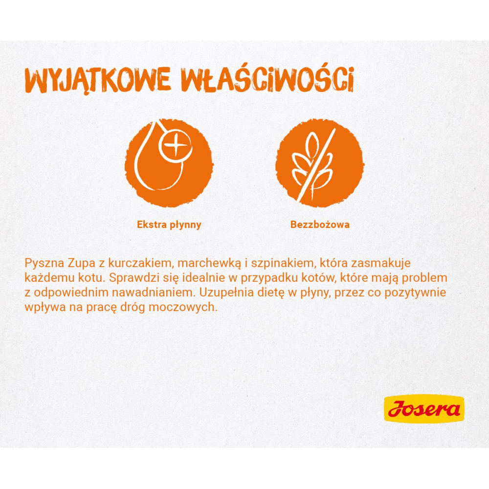 Pomarańczowe koła z ikonami: płynne i bez zbóż. Logo Josera.