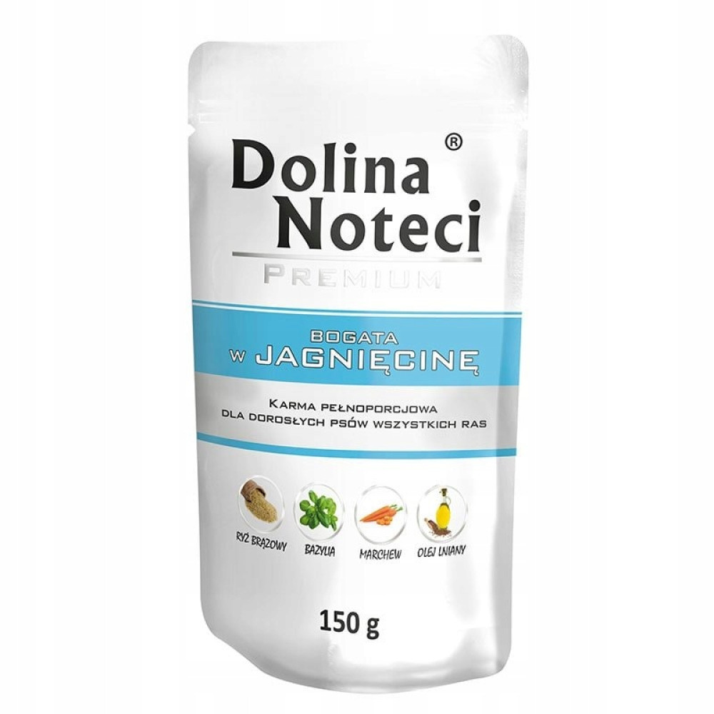 Dolina Noteci Premium karma dla psów z jagnięciną, 150g. Zawiera ryż, bazylię, marchew, olej lniany.