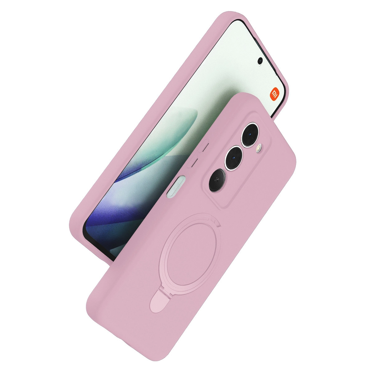Halka tutuculu ve üç lensli pembe telefon kılıfı.