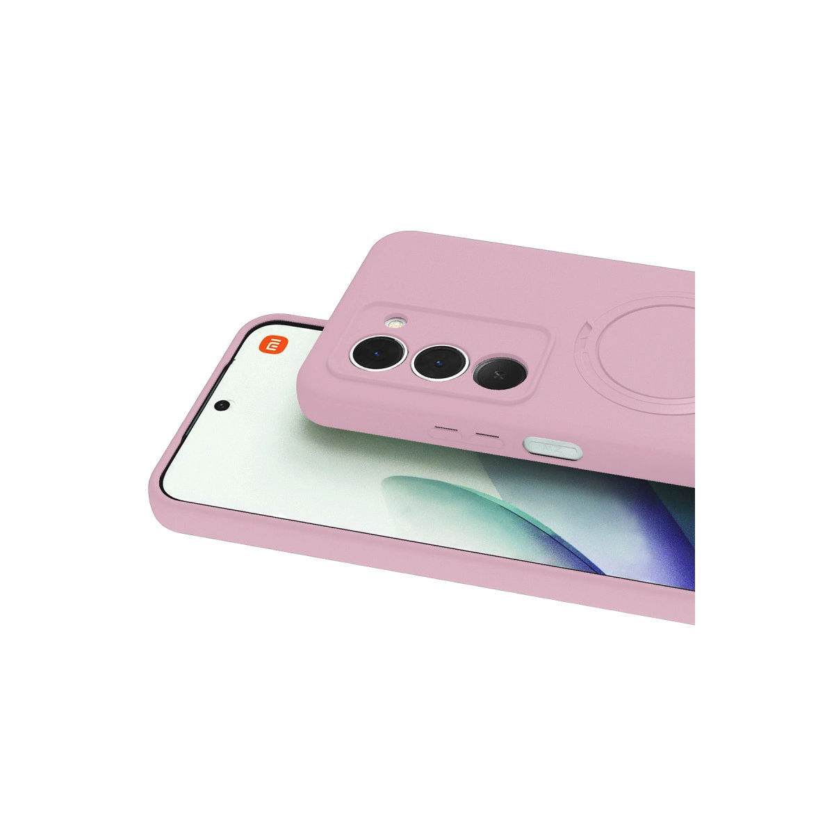 Logo ve kamera lensleri gösteren pembe bir telefon kılıfı.