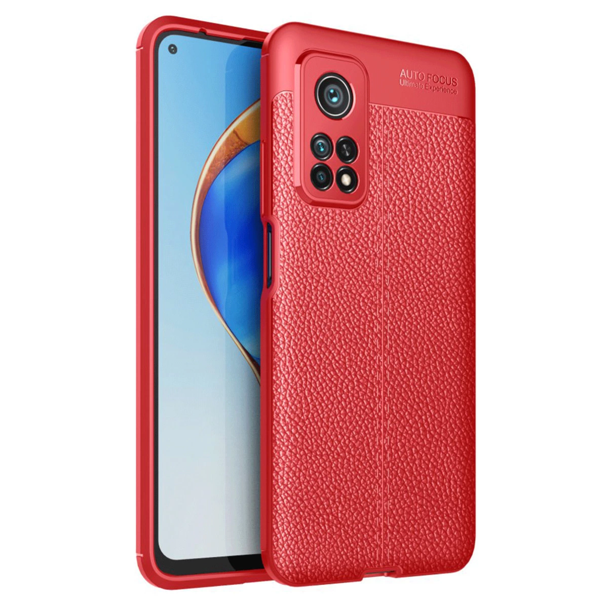 Deri dokulu kılıflı kırmızı telefon, kamera modülü ve otomatik odaklama yazısı.