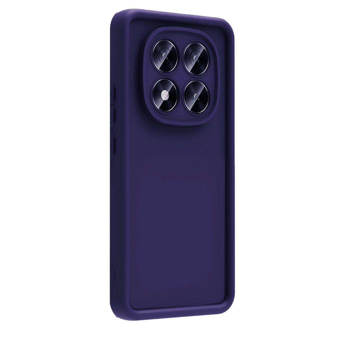 Dört kamera lensli koyu mor telefon kılıfı. Beyaz arka plan.