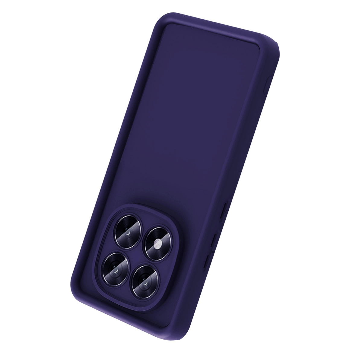 Dört kamera lensli koyu mor telefon kılıfı. Beyaz arka plan.