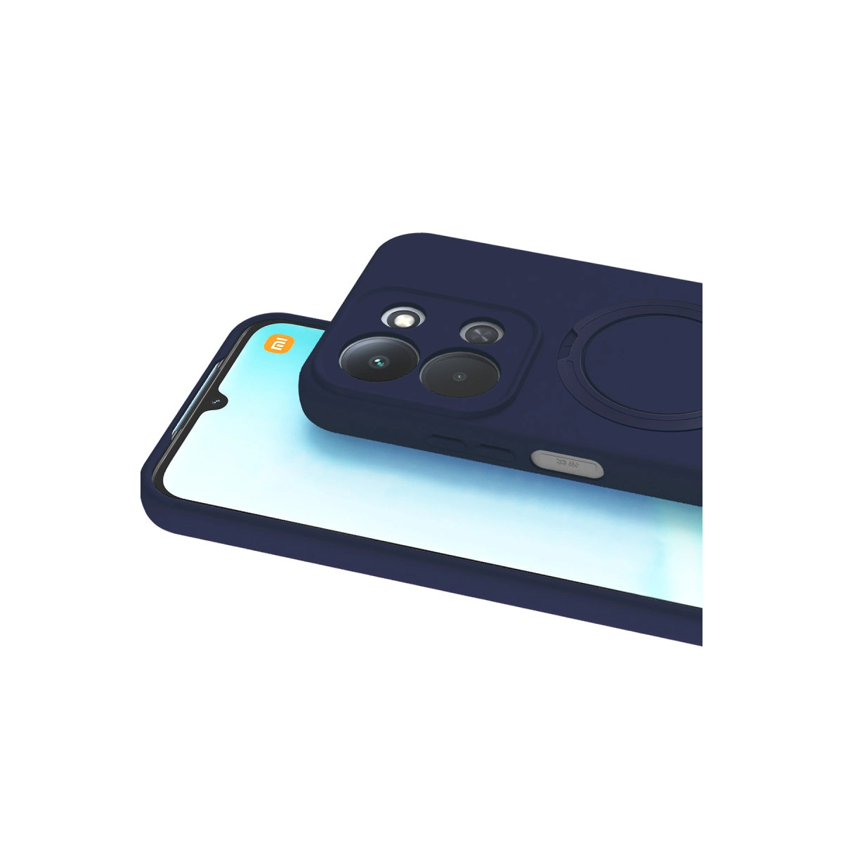 Halkalı koyu mavi telefon kılıfı, boş ekranlı bir akıllı telefonun üzerinde.