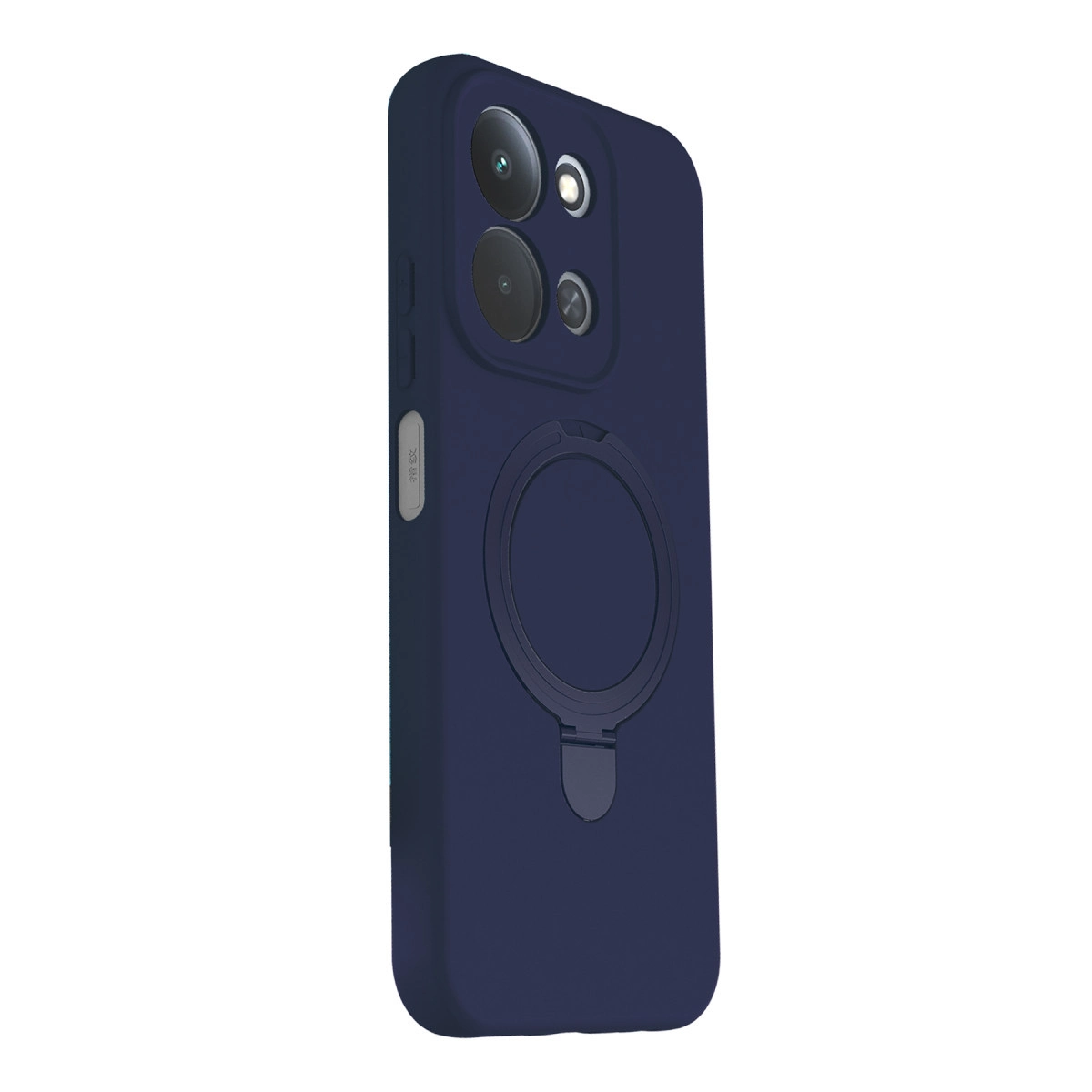 Halka tutuculu ve üçlü kamera kesimli lacivert telefon kılıfı.