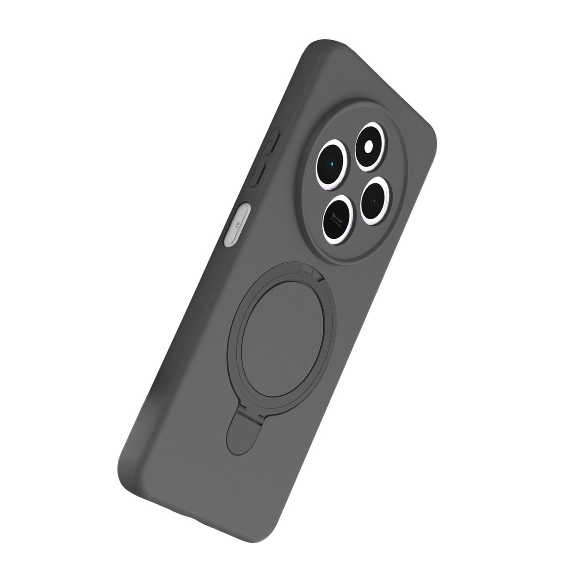Yuvarlak kamera modüllü ve halka tutuculu gri telefon kılıfı.