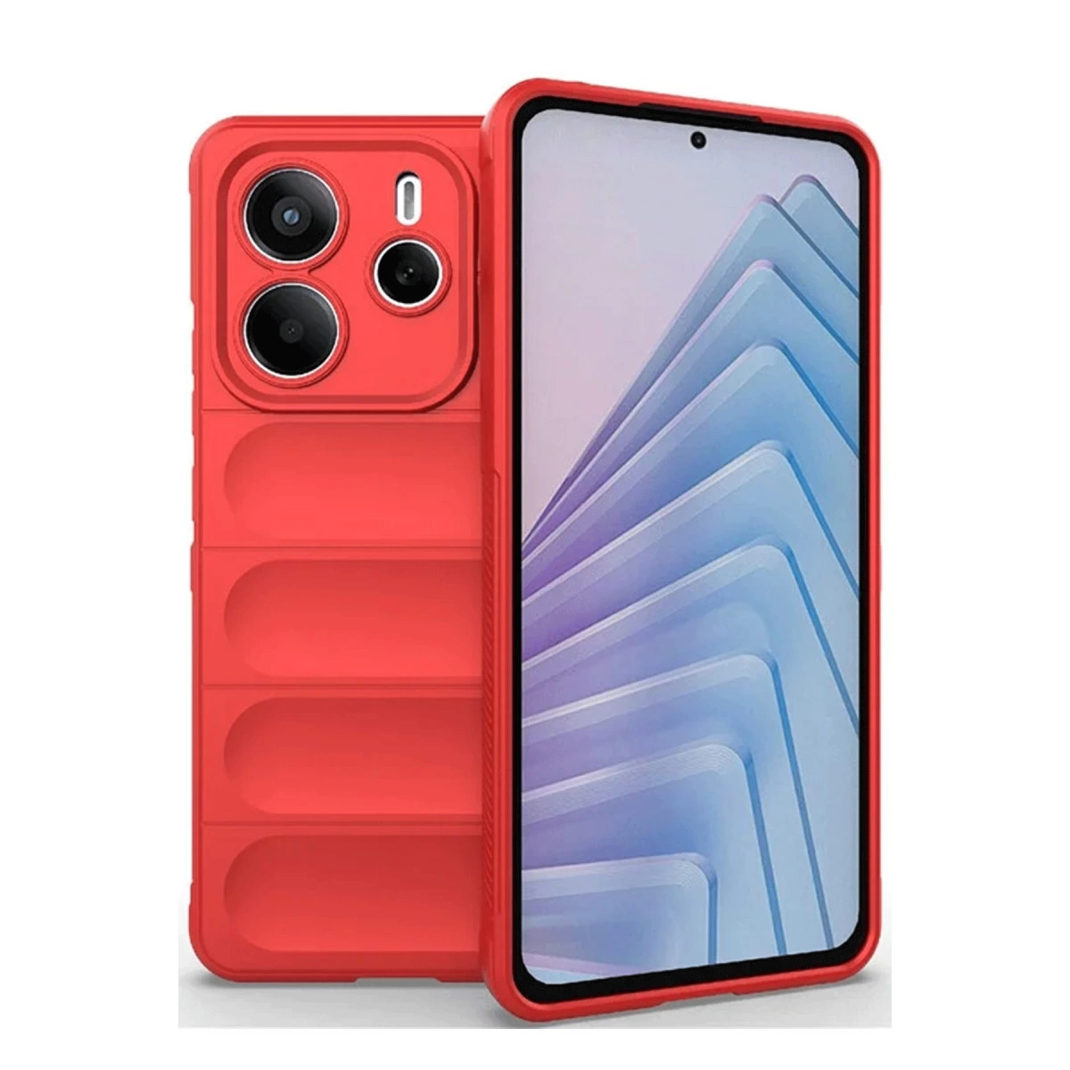 Arkada kamera çıkıntısı ve ekranda mavi soyut duvar kağıdı olan kırmızı telefon kılıfı.