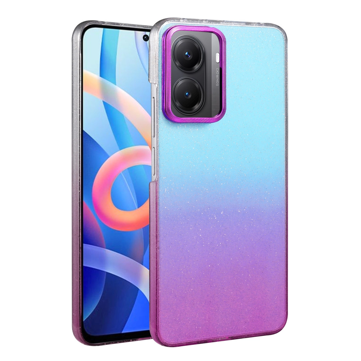 Maviden mora geçişli simli telefon kılıfı, çift kamera kurulumlu.