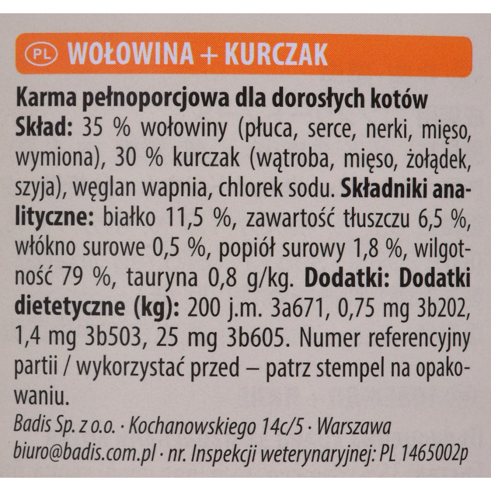Karma dla kotów: Wołowina + Kurczak. Składniki, analiza i dodatki.