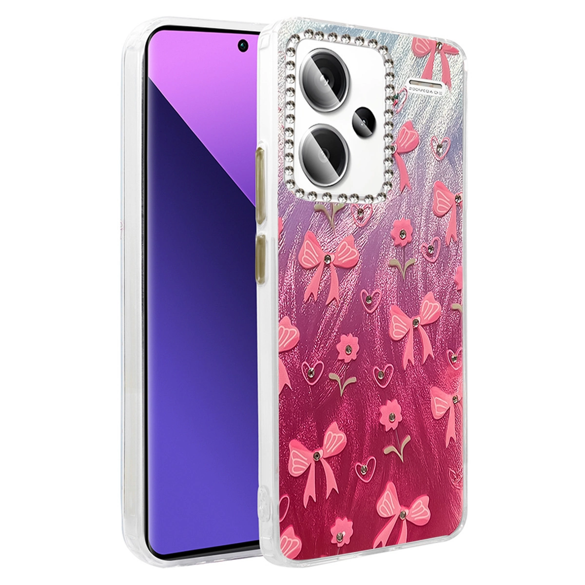 Bir telefonda fiyonklar ve çiçekler bulunan pembe telefon kılıfı.