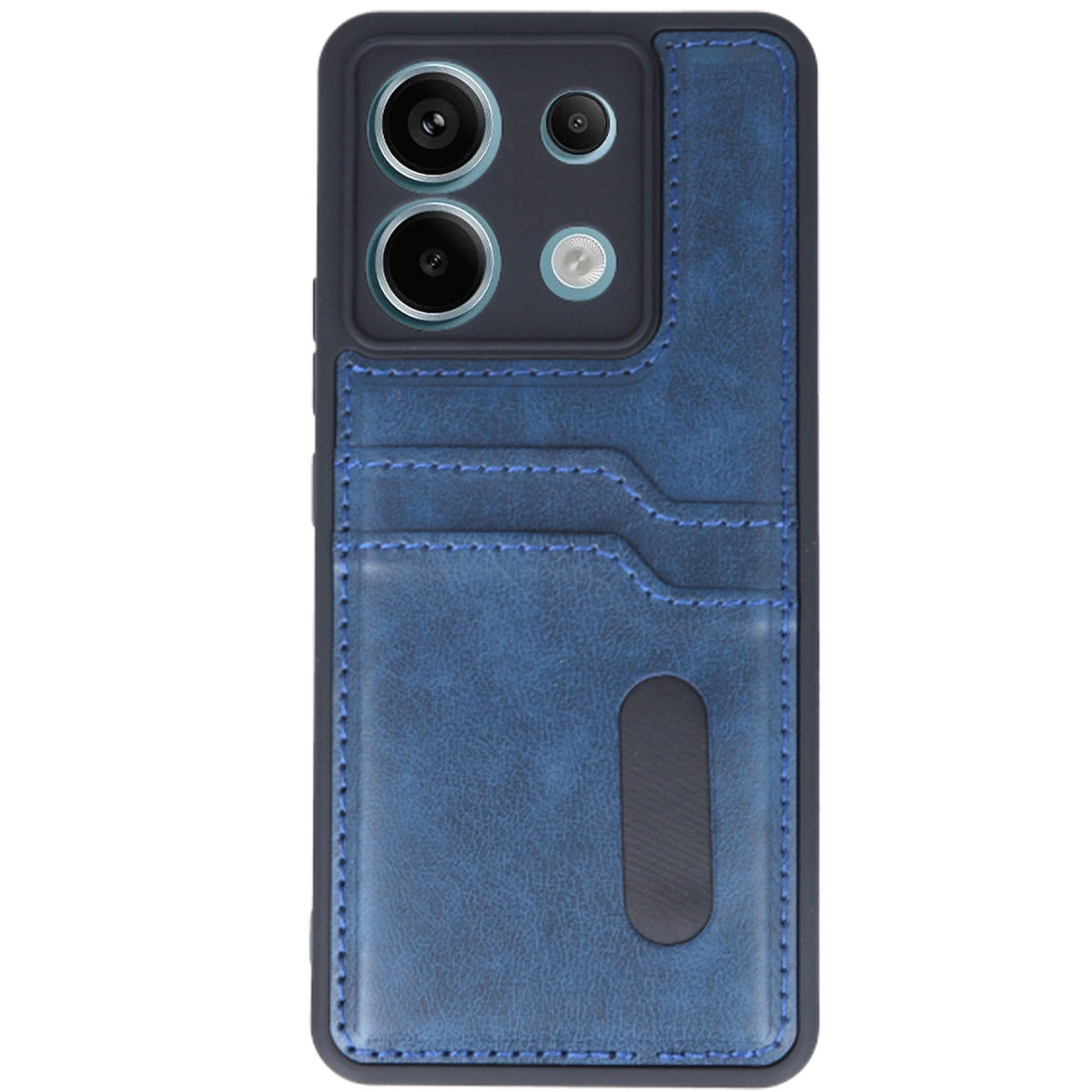 Kart yuvalı ve kamera modüllü mavi telefon kılıfı.