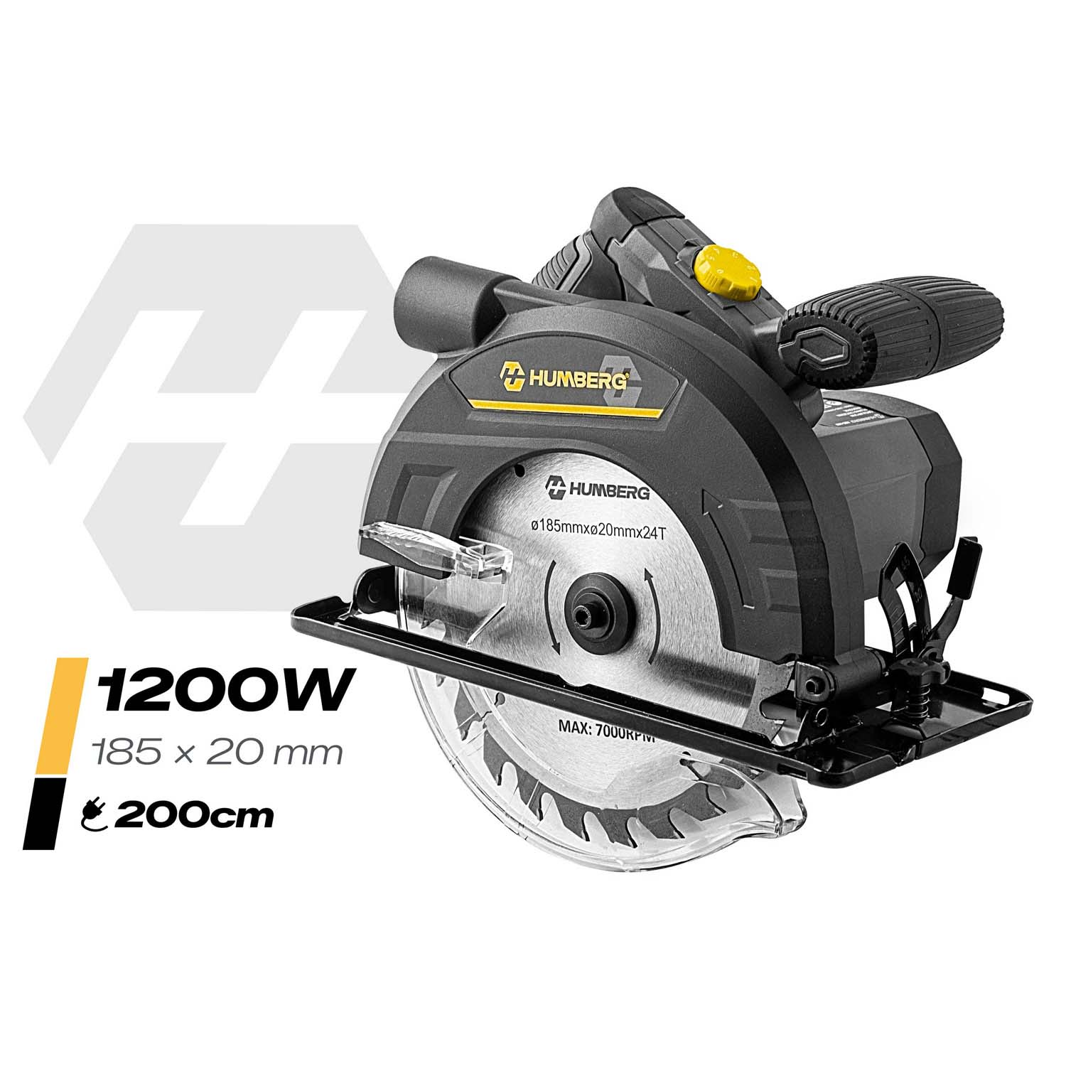 Czarna pilarka tarczowa Hamberger z żółtym uchwytem i ostrzem 185mm.
