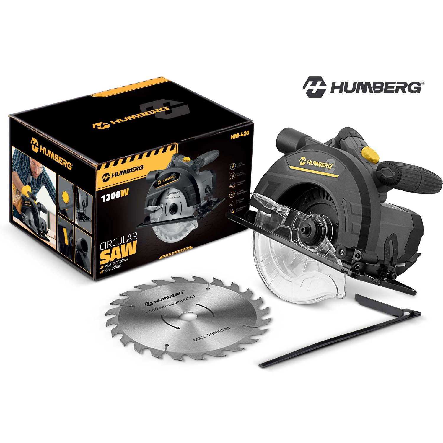 Czarny zestaw pilarki tarczowej HUMBERG z pudełkiem, tarczą i akcesoriami.