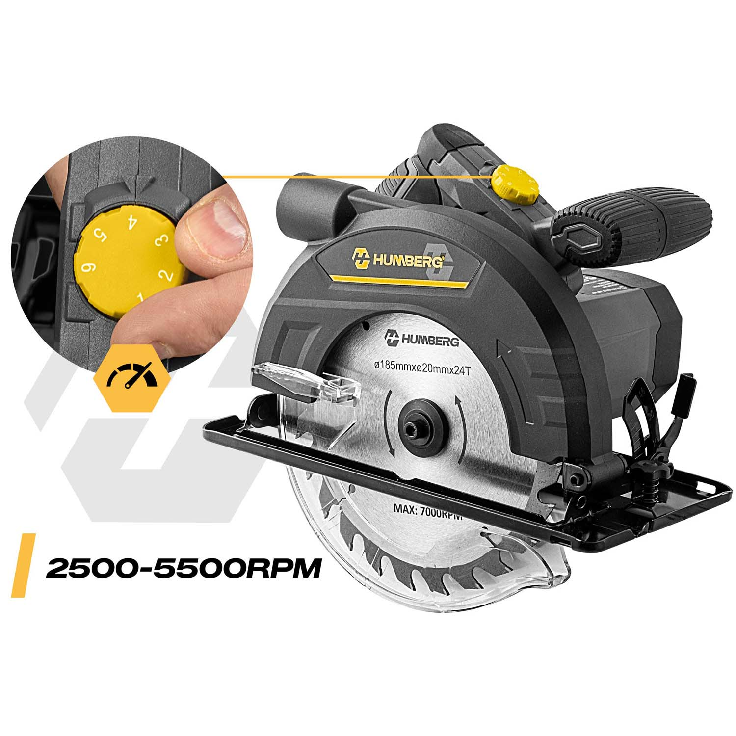 Czarna piła tarczowa z żółtym pokrętłem regulacji ponumerowanym 1-6.