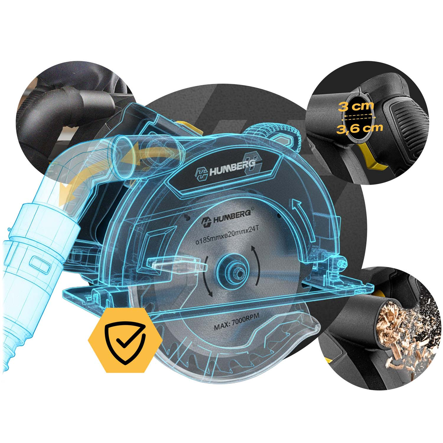 Piła tarczowa z odsysaniem pyłu, wymiarami i wiórami.