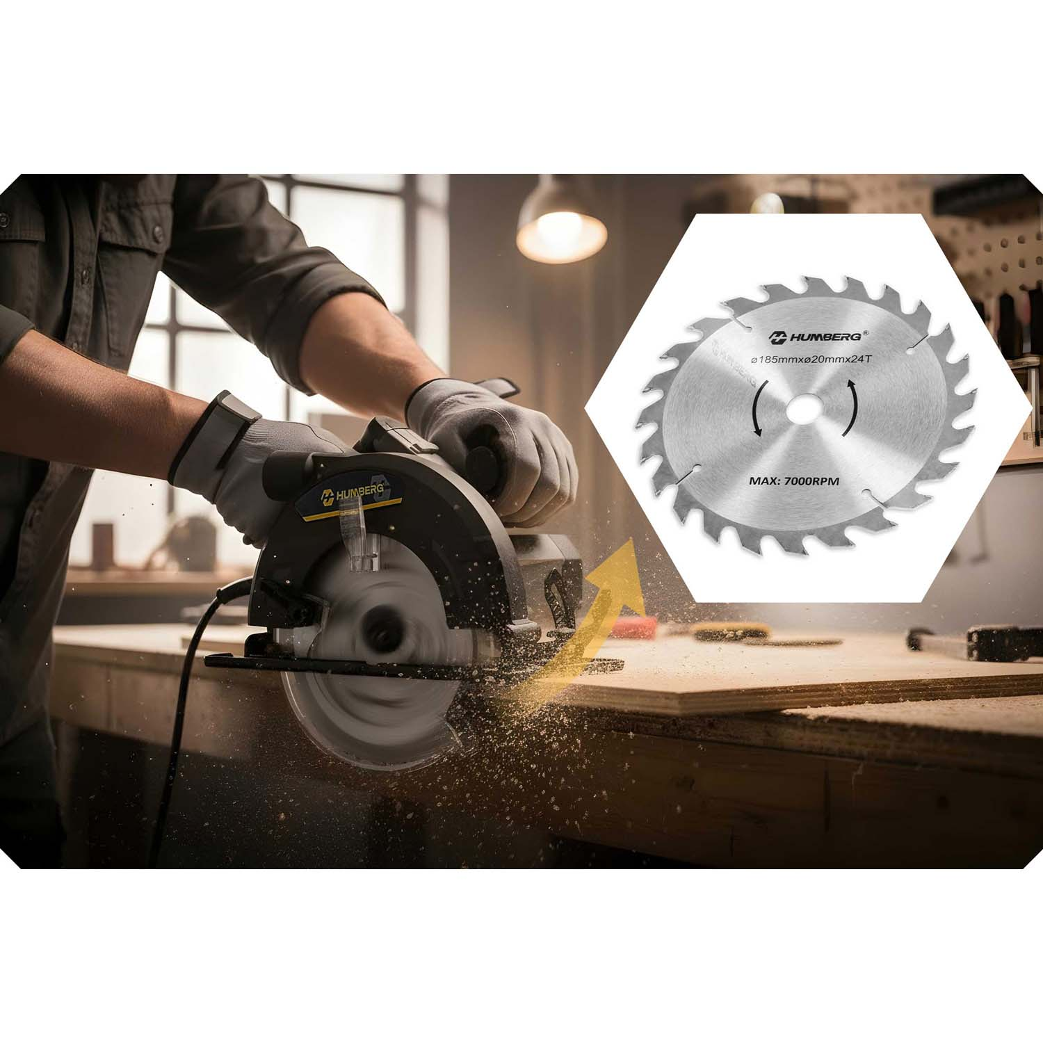 Mężczyzna tnie drewno piłą tarczową, pokazano ostrze.