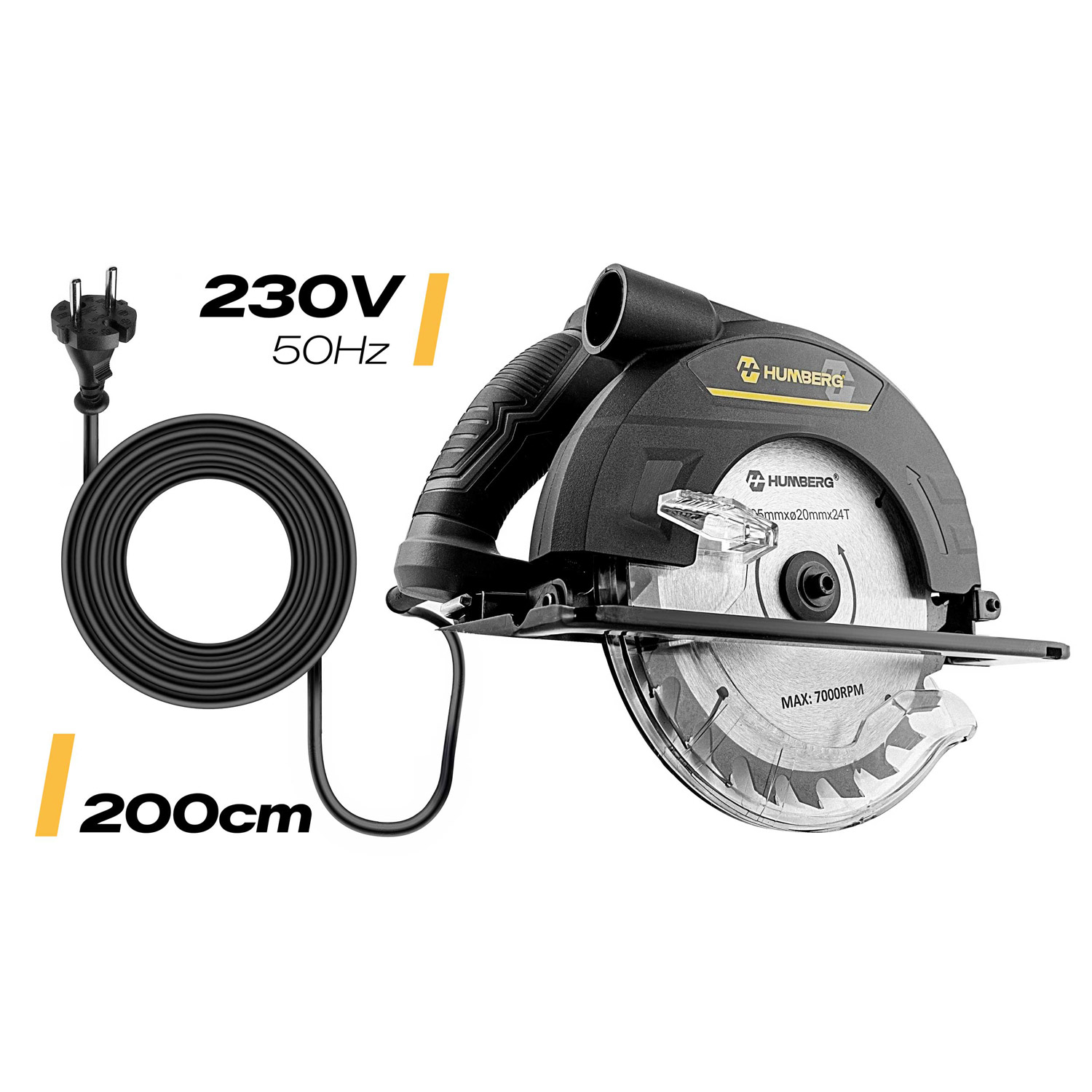 Czarna piła tarczowa z kablem (200cm, 230V, 50Hz) i logo Hilti.