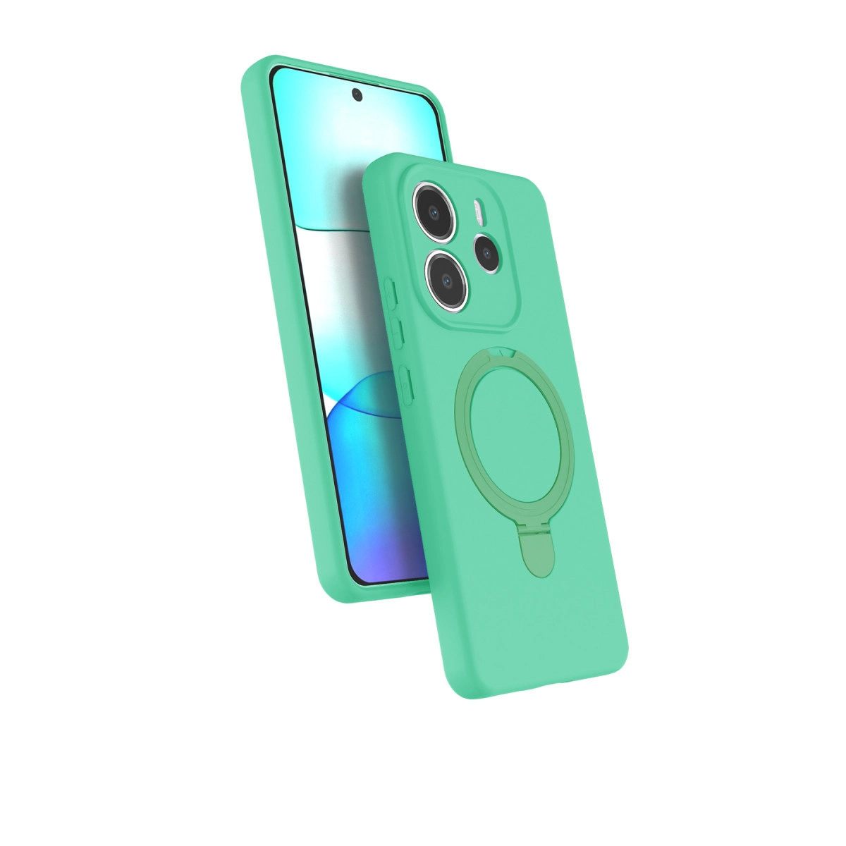 Halka standlı yeşil telefon kılıfı beyaz zeminde gösteriliyor.