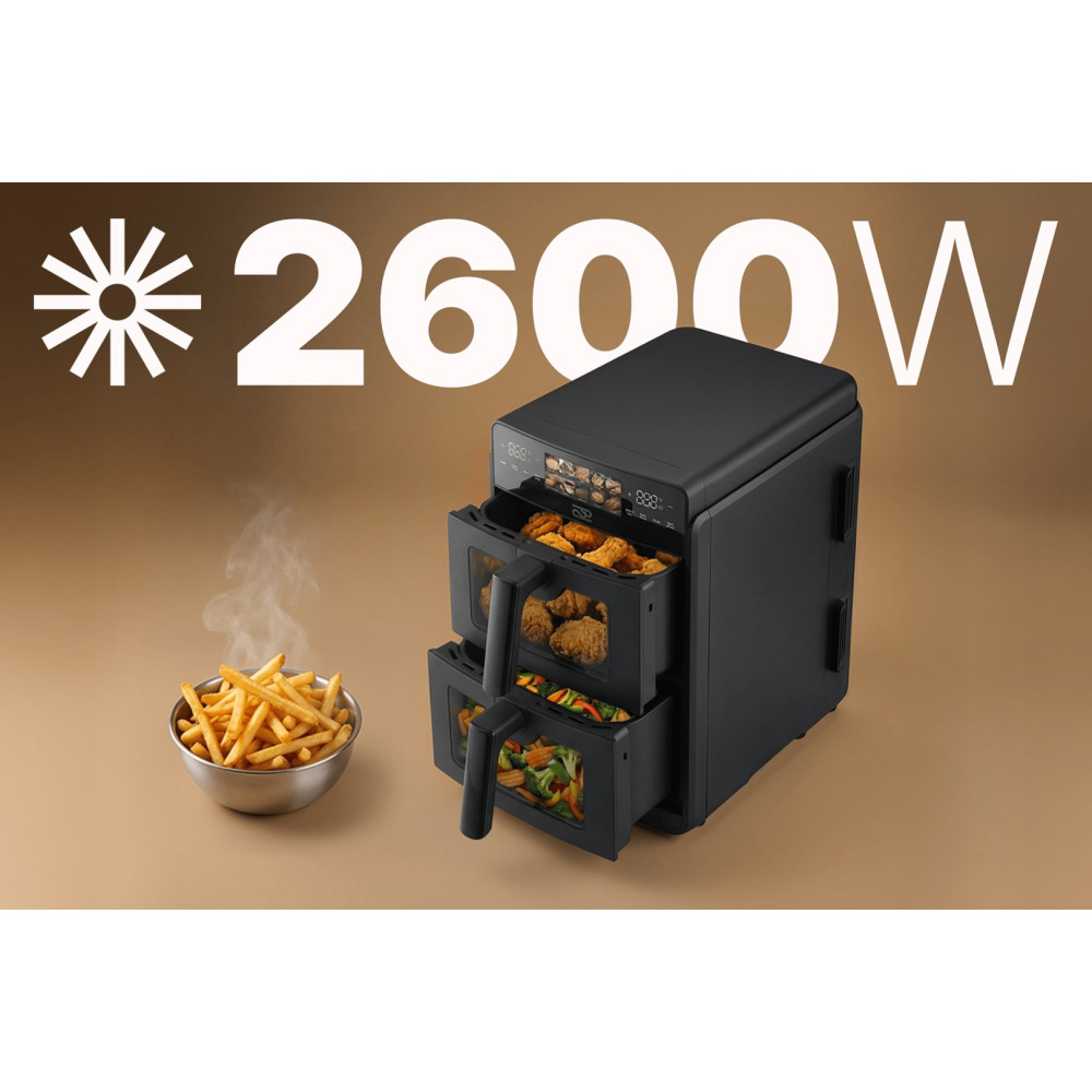 Czarna frytkownica beztłuszczowa z dwiema szufladami, wypełniona jedzeniem, obok miski frytek.