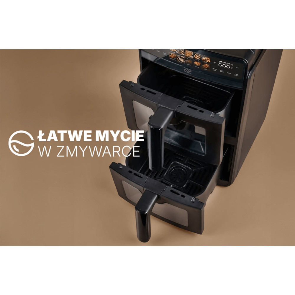 Czarna frytkownica beztłuszczowa z dwiema szufladami, na brązowym tle.