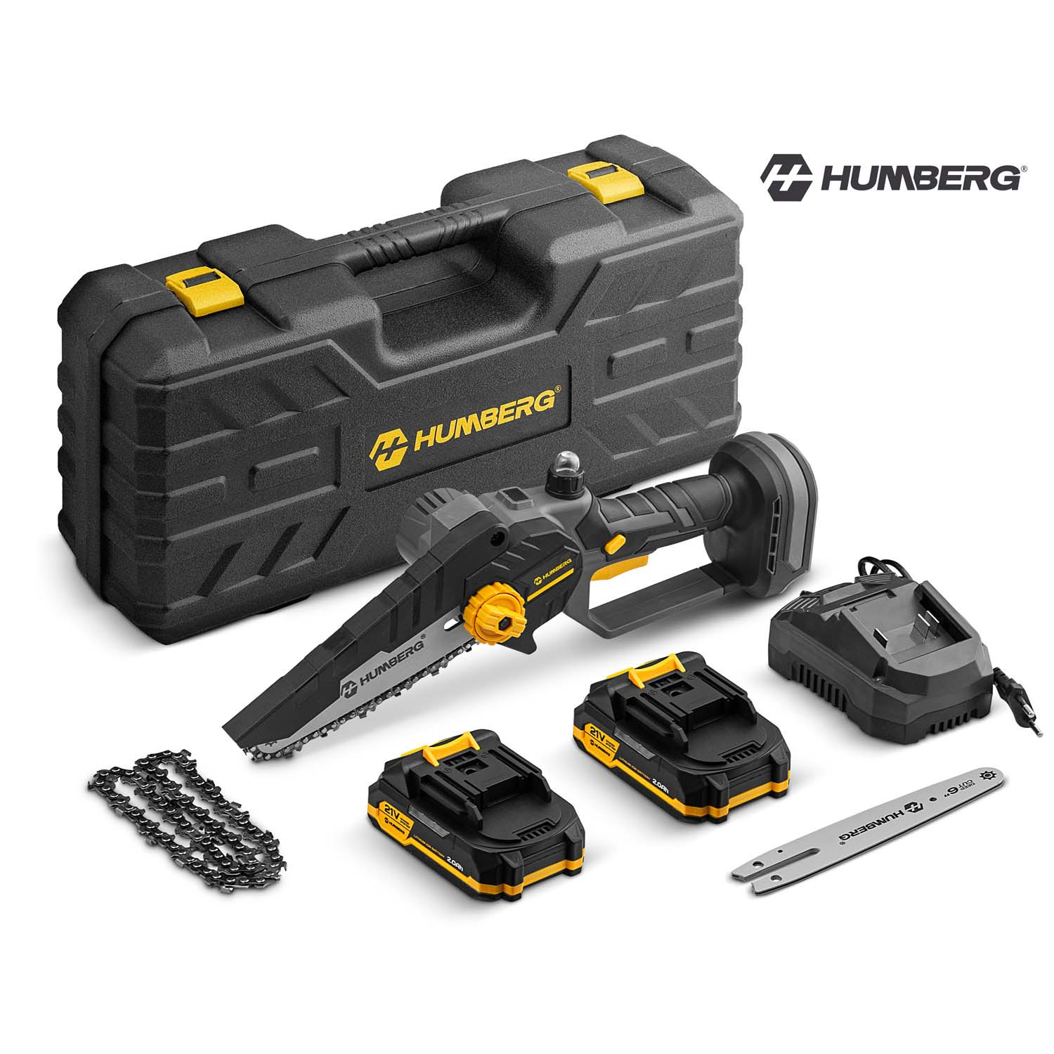 Czarno-żółty zestaw przenośnej piły łańcuchowej Humbers z walizką, bateriami, ładowarką i łańcuchem.