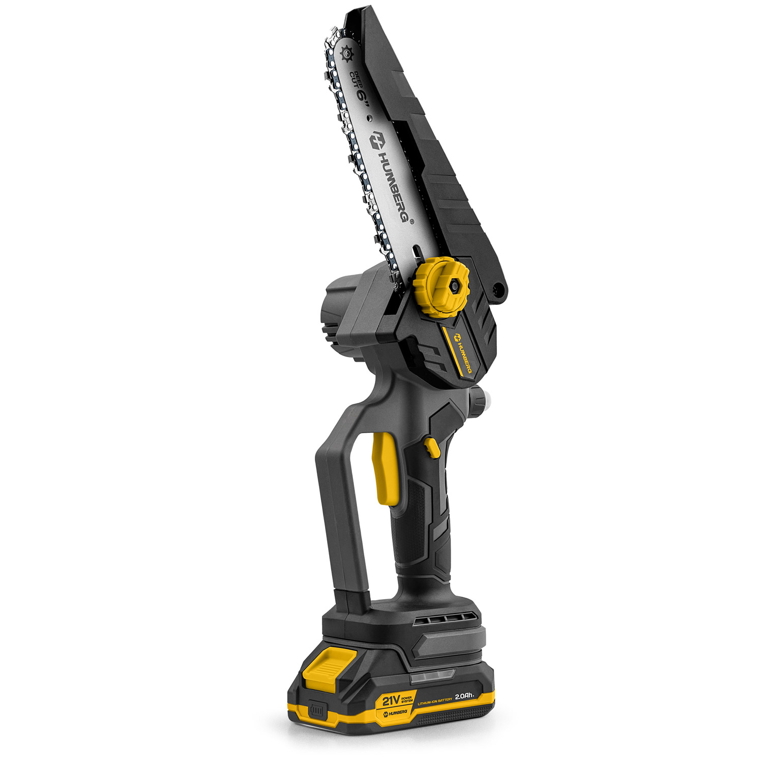 Mała czarno-żółta piła łańcuchowa z 6-calową prowadnicą i akumulatorem.