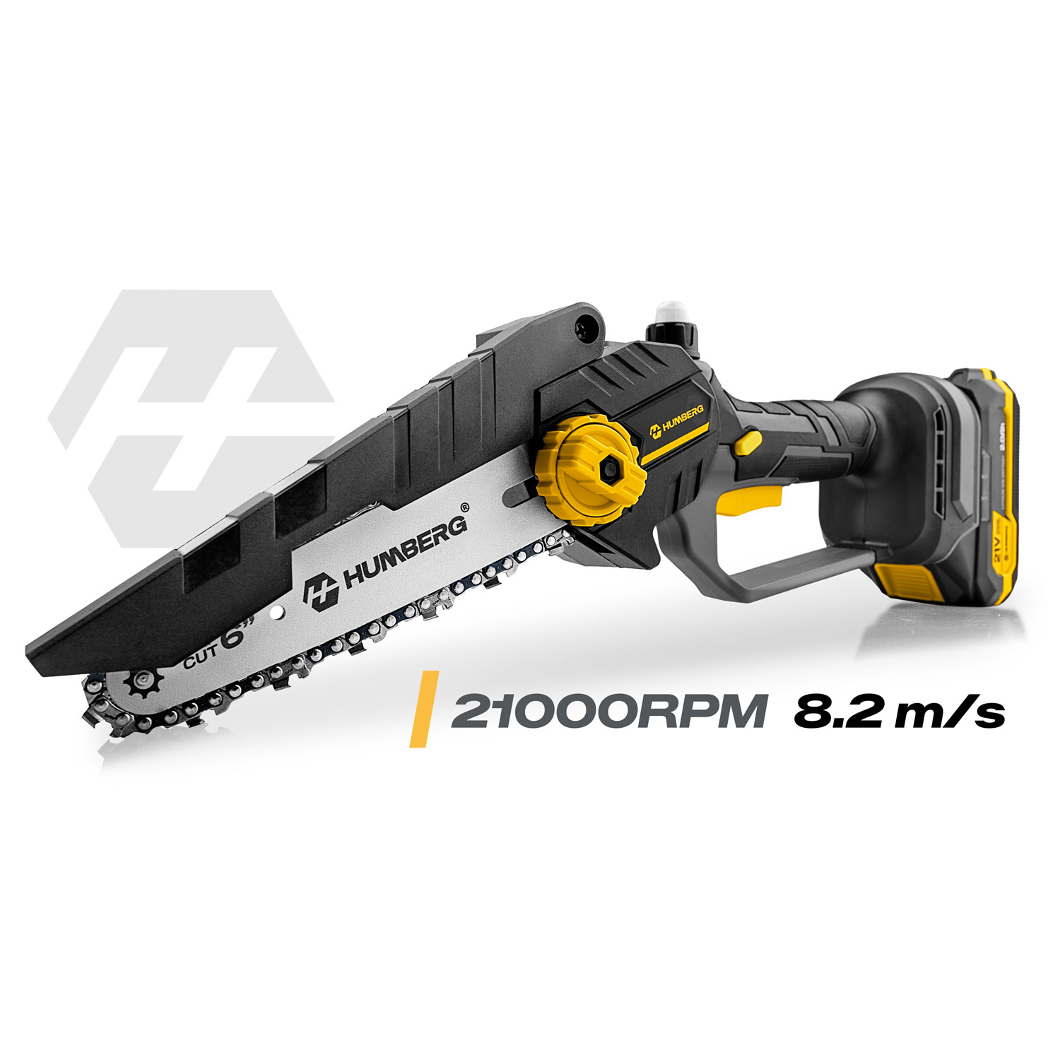 Czarno-żółta piła łańcuchowa z 6-calową prowadnicą i 21000 obr./min.