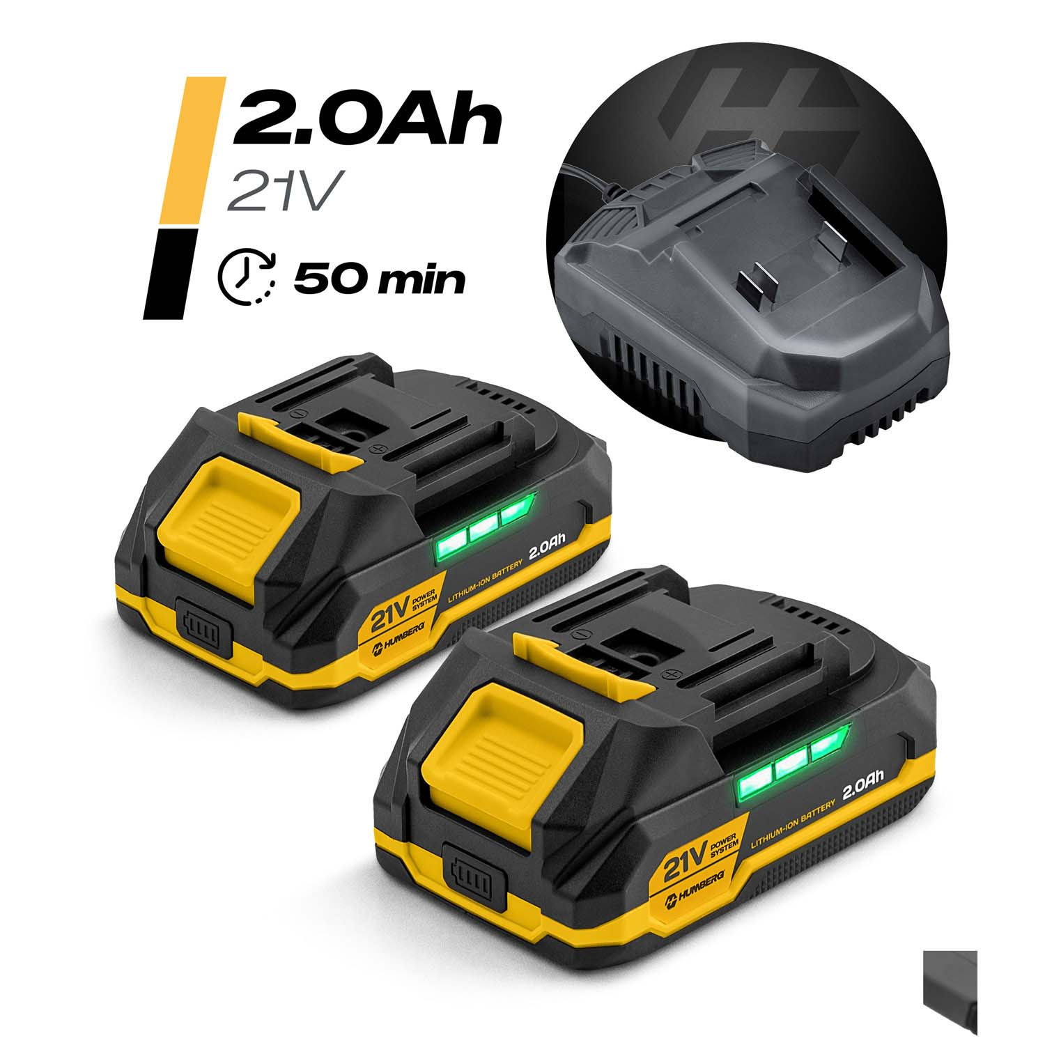 Dwie czarne i żółte baterie litowo-jonowe 21V 2.0Ah ze wskaźnikiem naładowania i ładowarką.