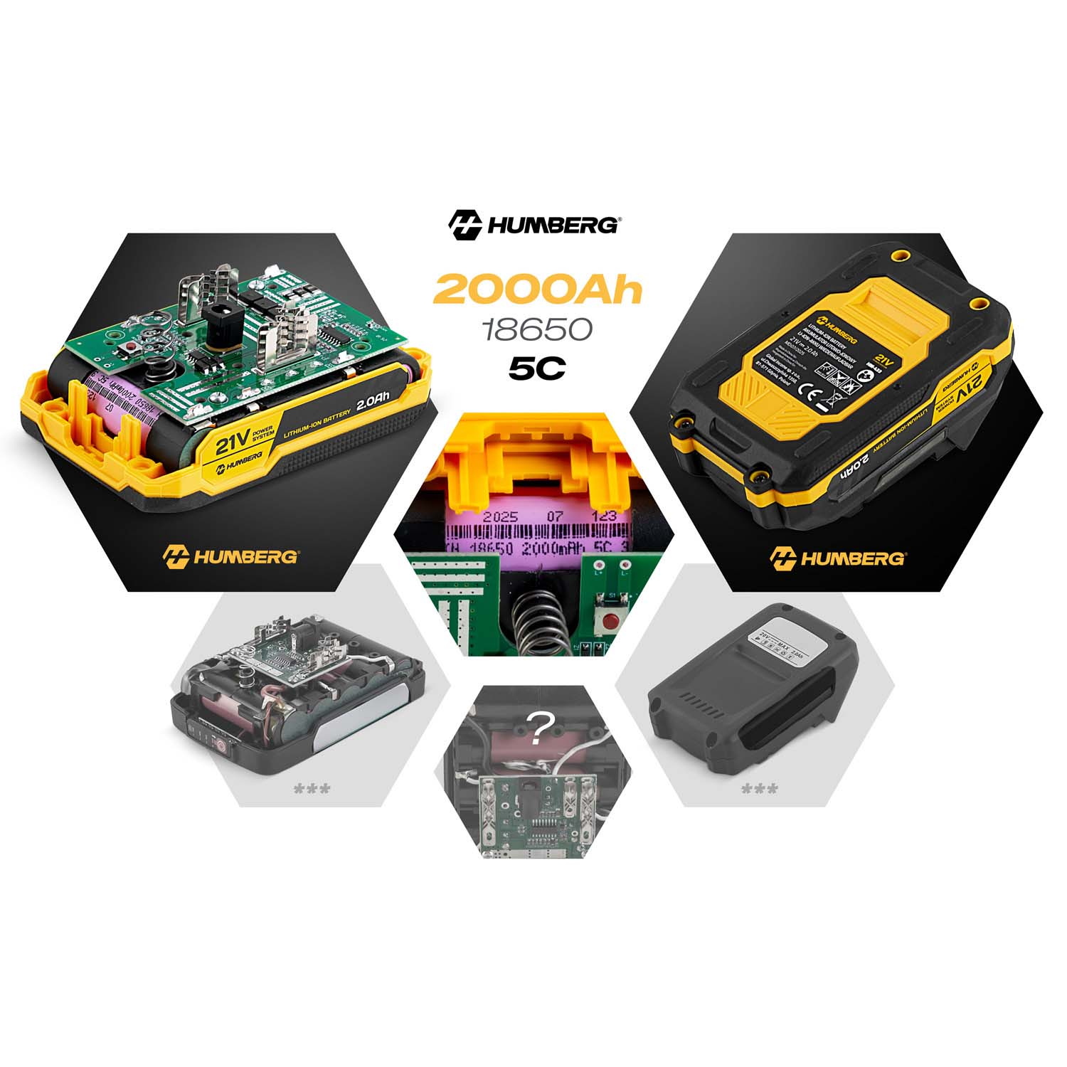 Wiele widoków akumulatora HUMBERG 21V 2.0Ah z obwodami.