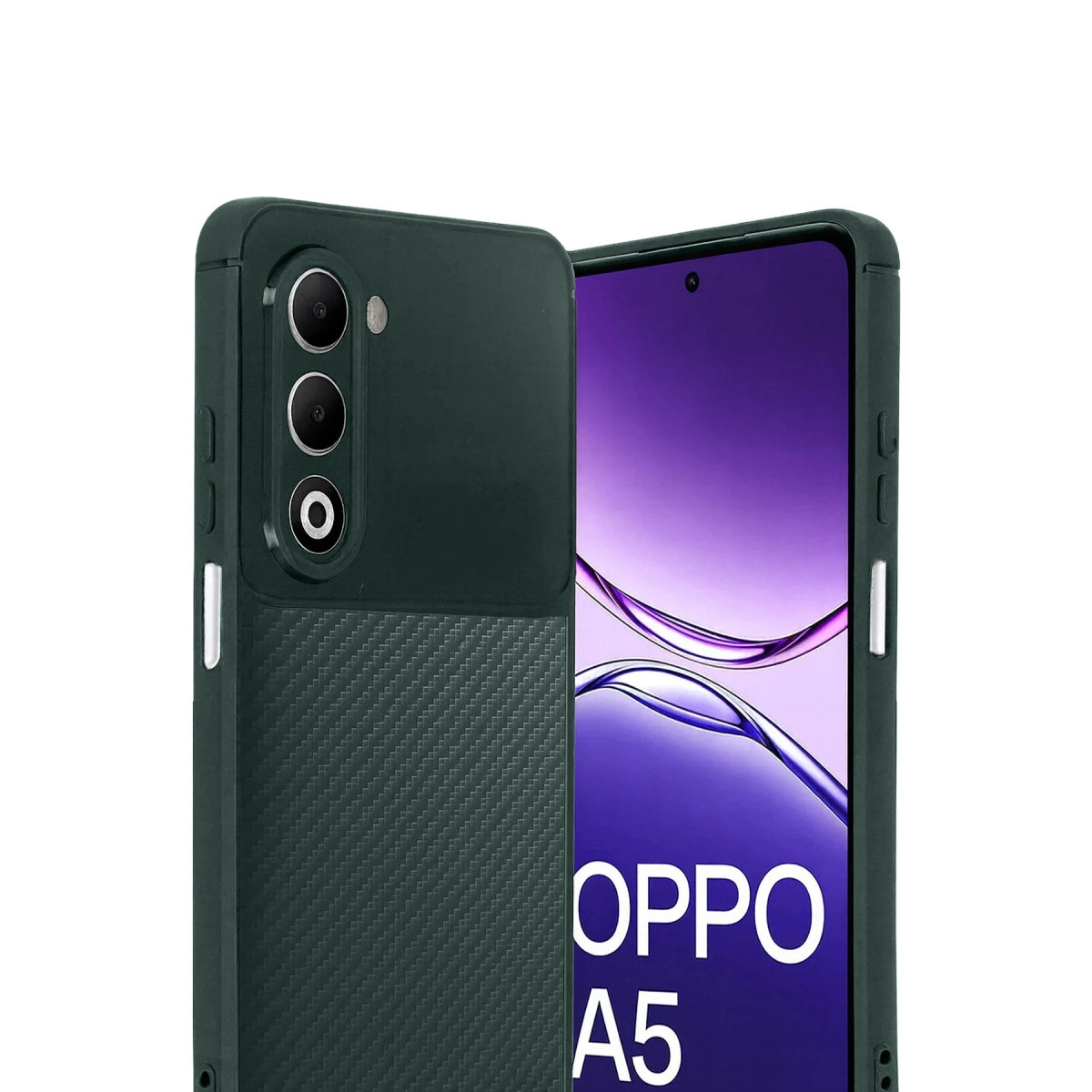Kamera kesimli, karbon desenli koyu yeşil telefon kılıfı. Ön yüz OPPO A5.