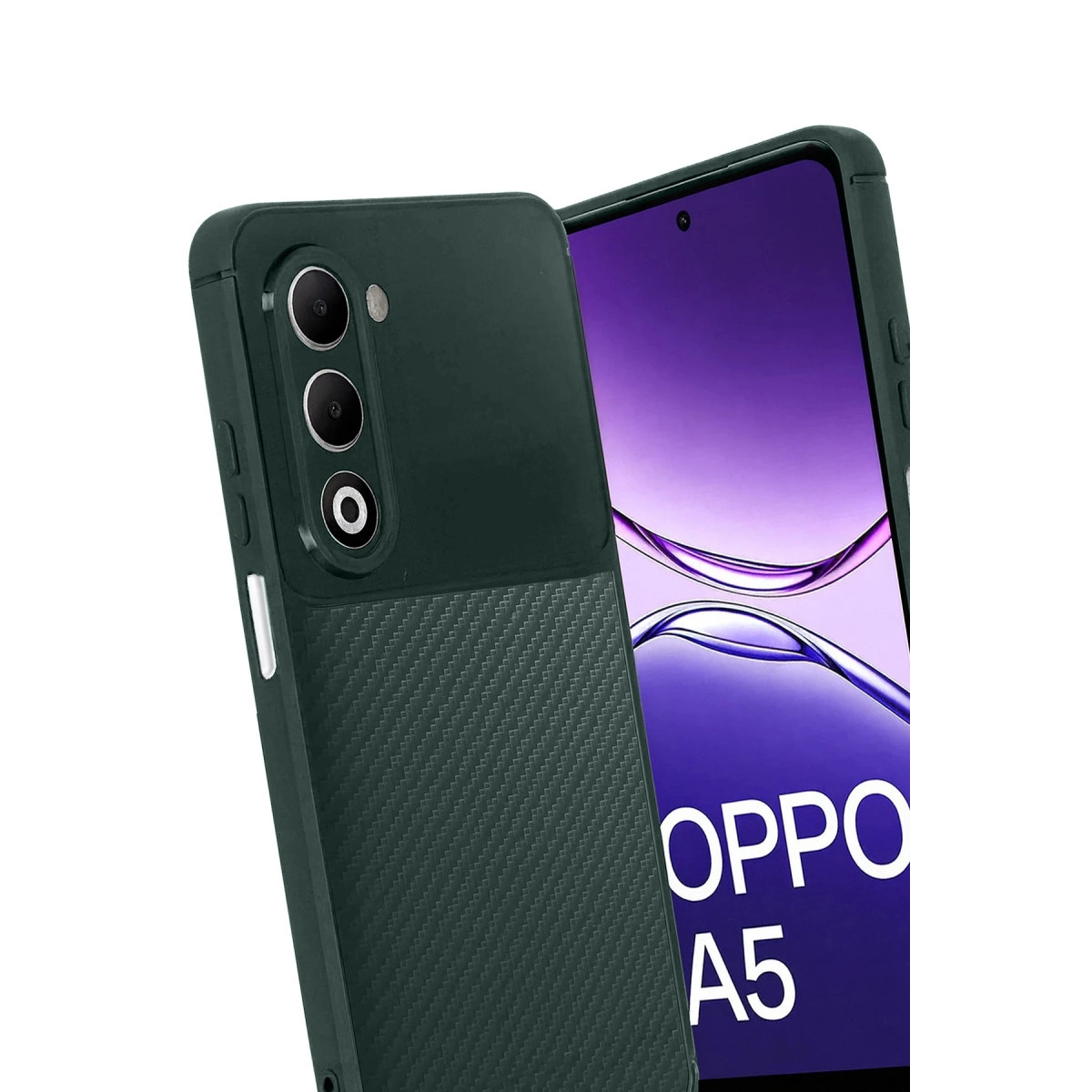 Karbon desenli ve üç kamera lensli koyu yeşil telefon kılıfı. Telefon OPPO A5 gösteriyor.