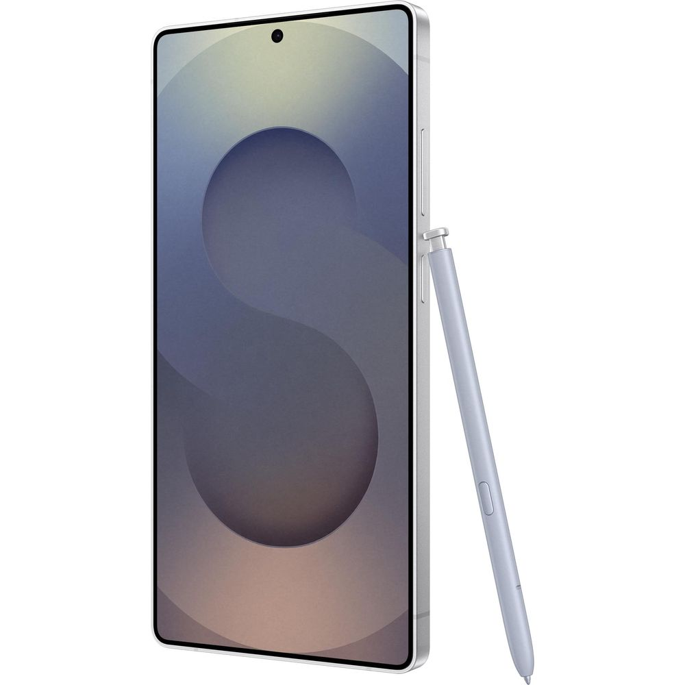 Srebrny smartfon z rysikiem na białym tle.