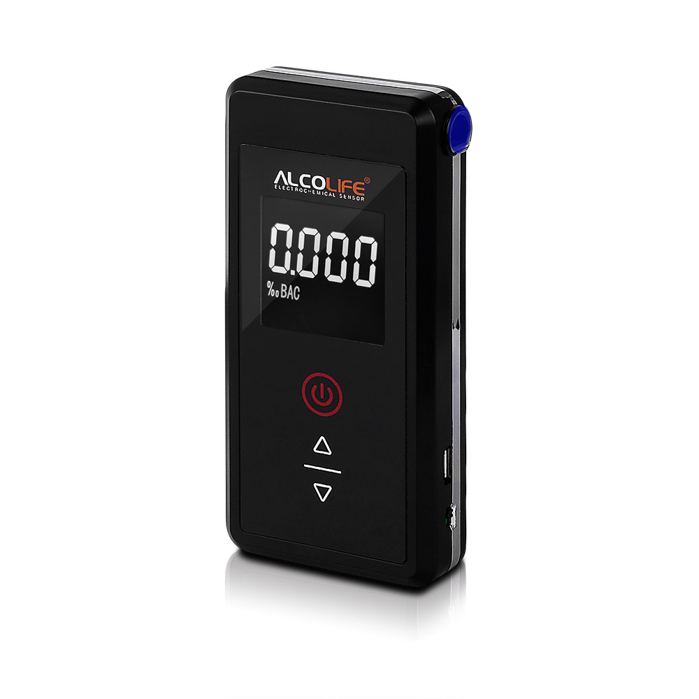 Czarny alkomat pokazujący 0.000% BAC na cyfrowym ekranie.