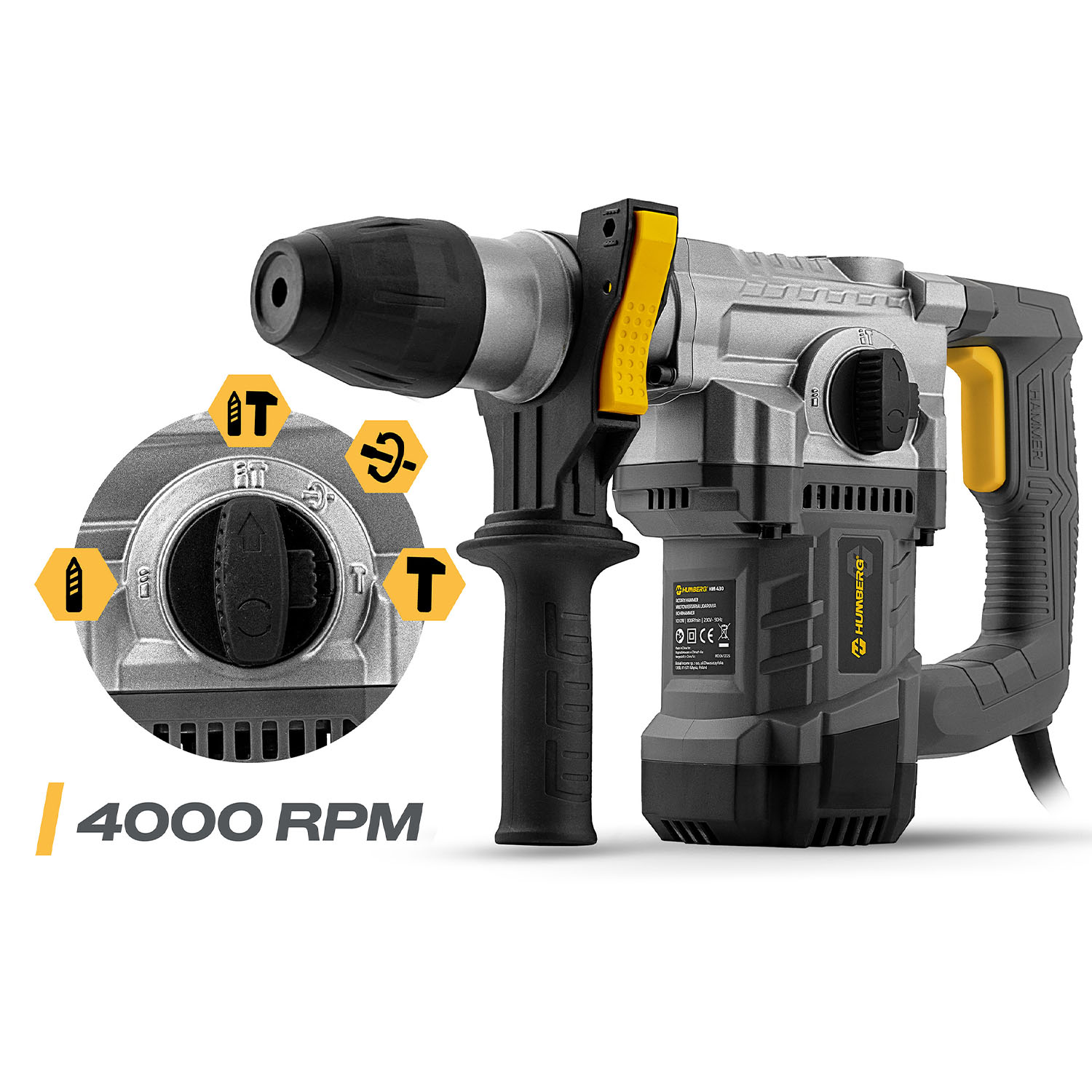 Szary i czarny młot udarowy z żółtymi akcentami i 4000 obr./min.