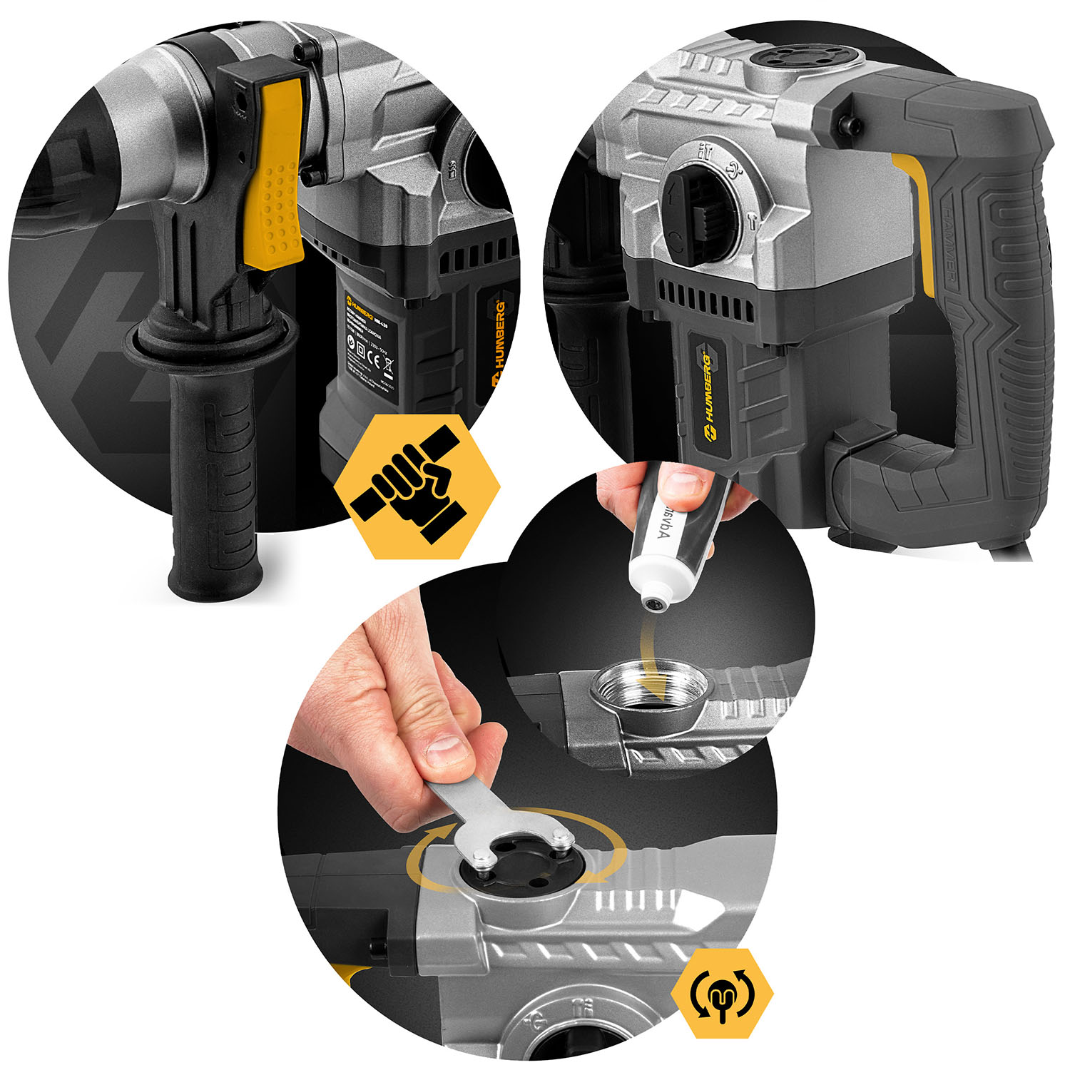 Zbliżenia młotowiertarki, pokazujące akcesoria i ikony obsługi.