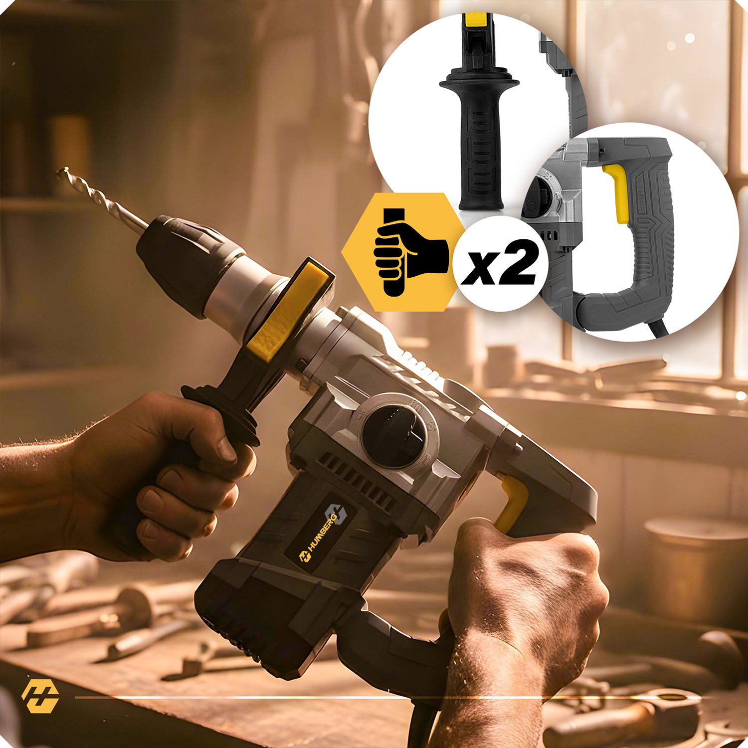 Wiertarka z wiertłem trzymana w dwóch rękach. Widoczne dwa uchwyty.