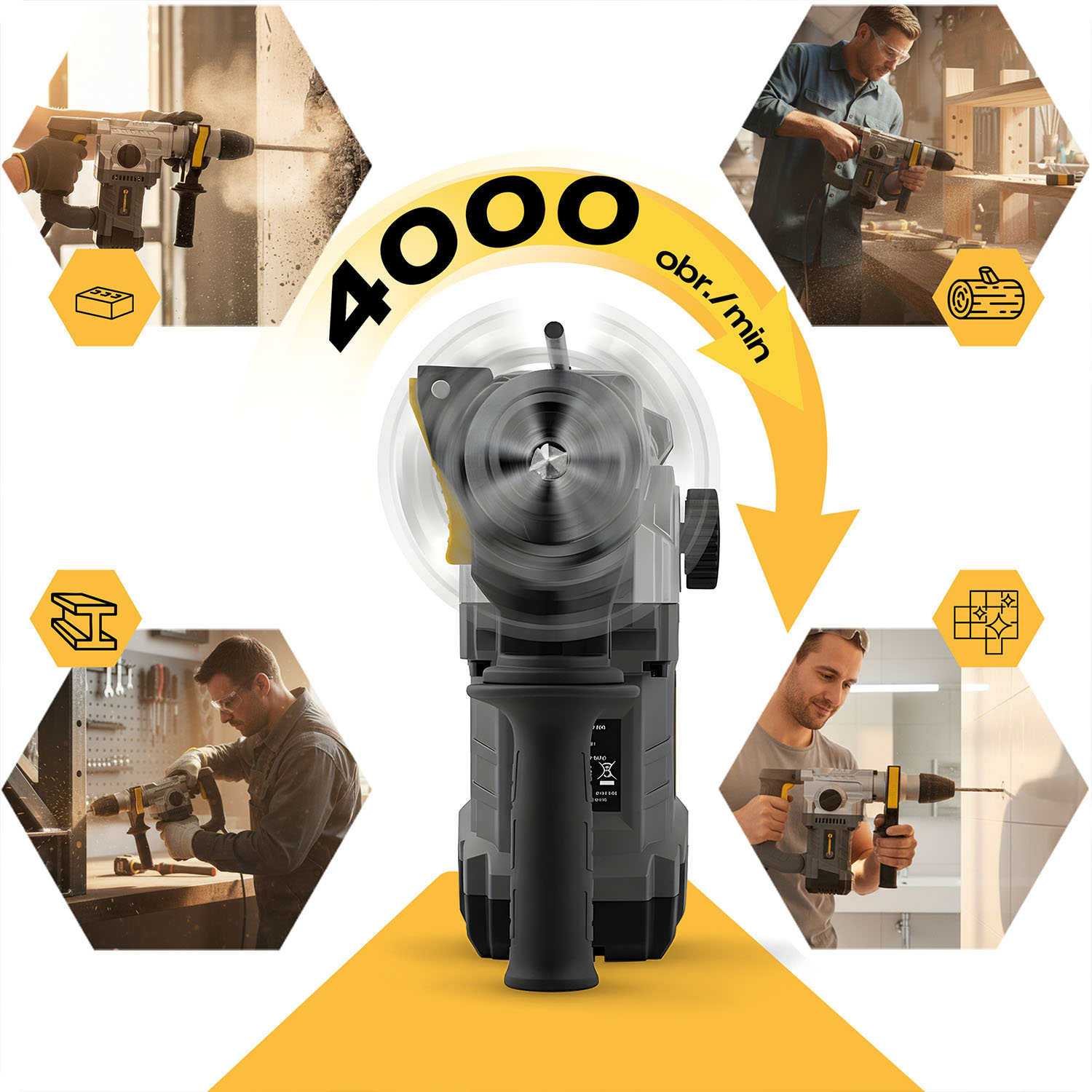 Wiertarka w akcji: wiercenie w cegle, drewnie, metalu, płytkach. 4000 obr/min.